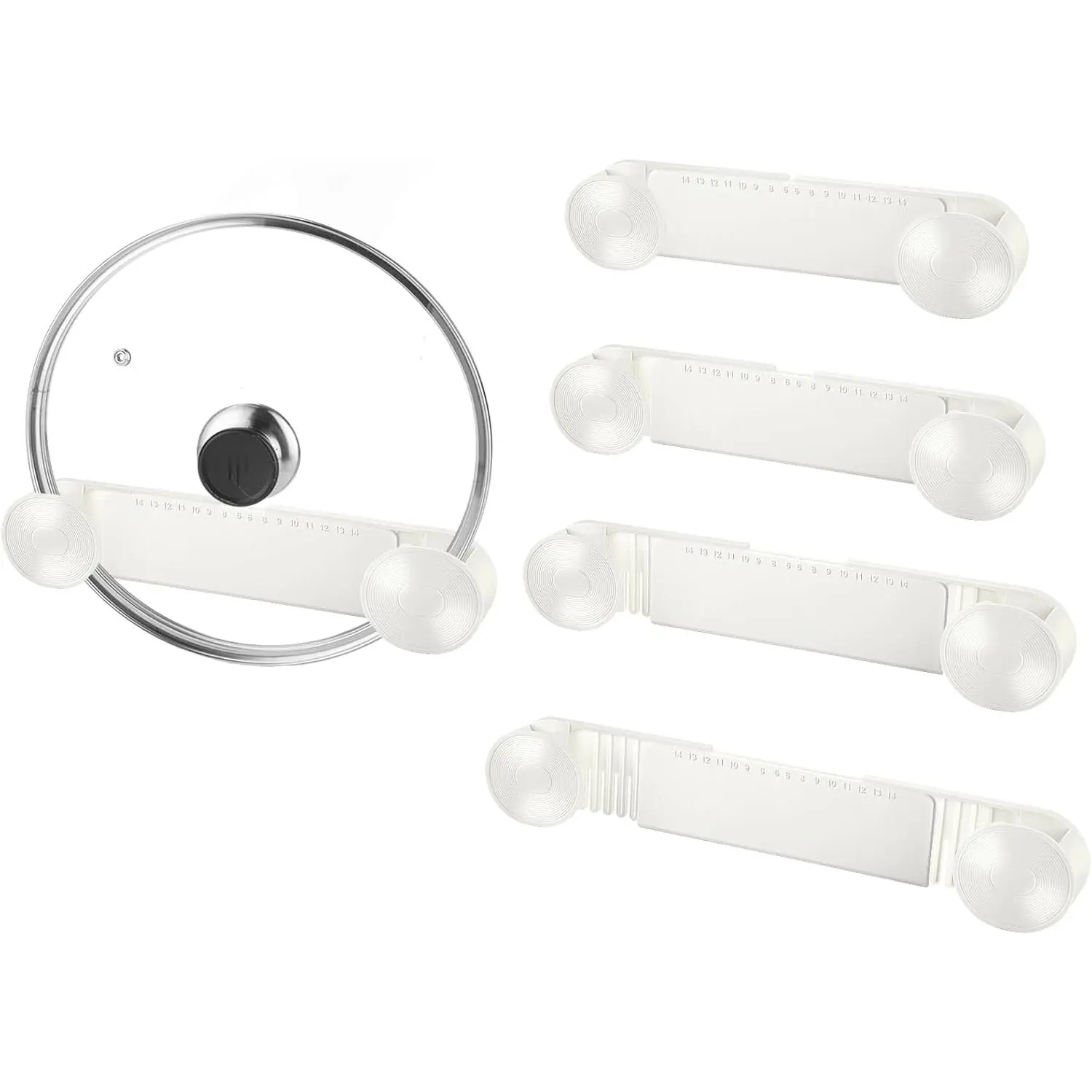 4- pot lid rack, pot lid storage container suitable for  ranging from 6 inches to 14 inches, adhesive wall mounted pot lid storage, suitable for kitchen cabinets and cabinet doors (White)