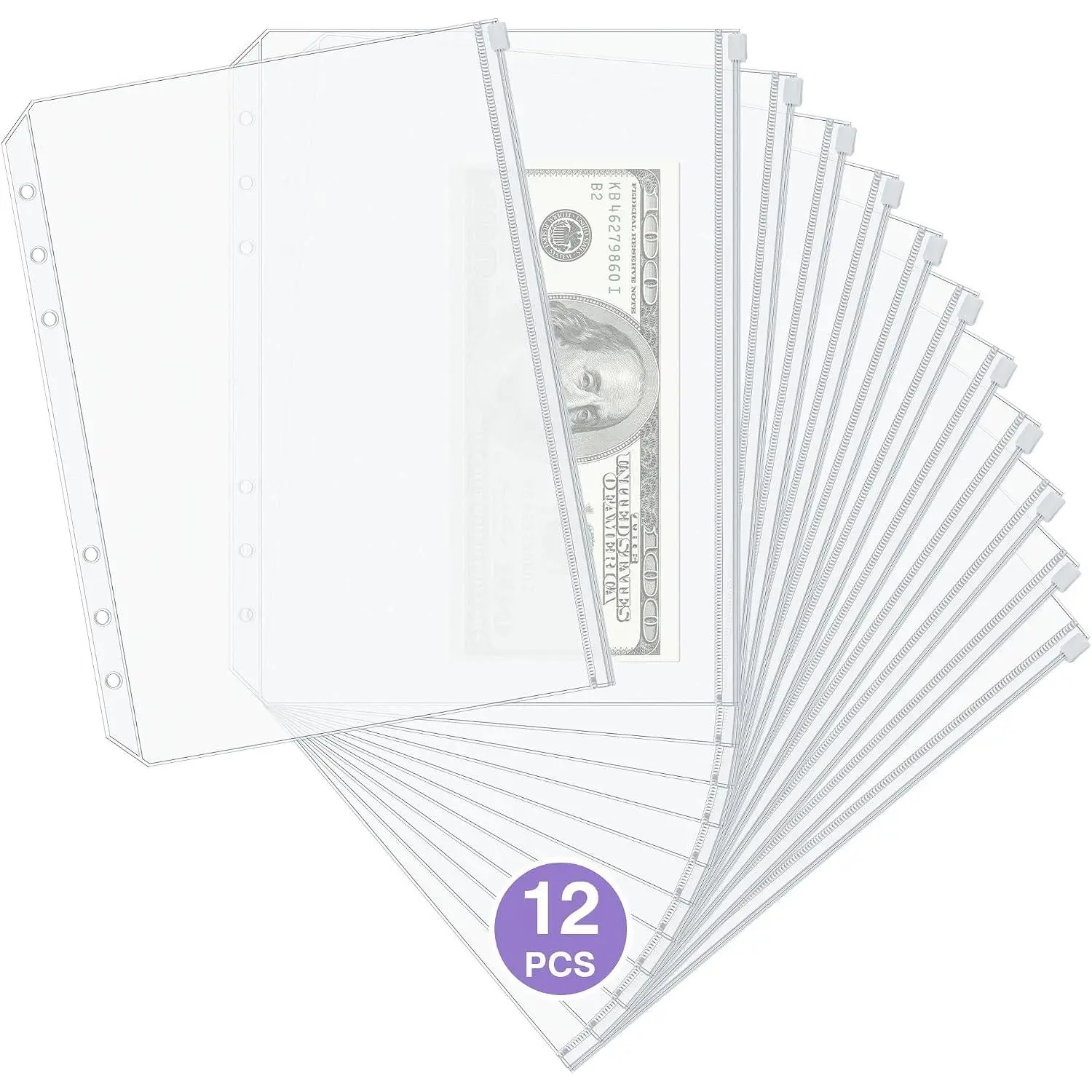 6-Ring A5 Binder Pockets 12 count,  PVC Sheet Protectors with Zipper, Organizer for , Stickers, Cards, , Pens & Memo Notes, Clear Folders Planner Inserts, Zipper Closure