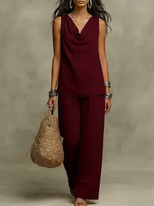 2026 Summer New Women's Fashion Set, Pure Color Casual, V-Neck Lady Top Set, Cross-Border Clothing, European and American Style