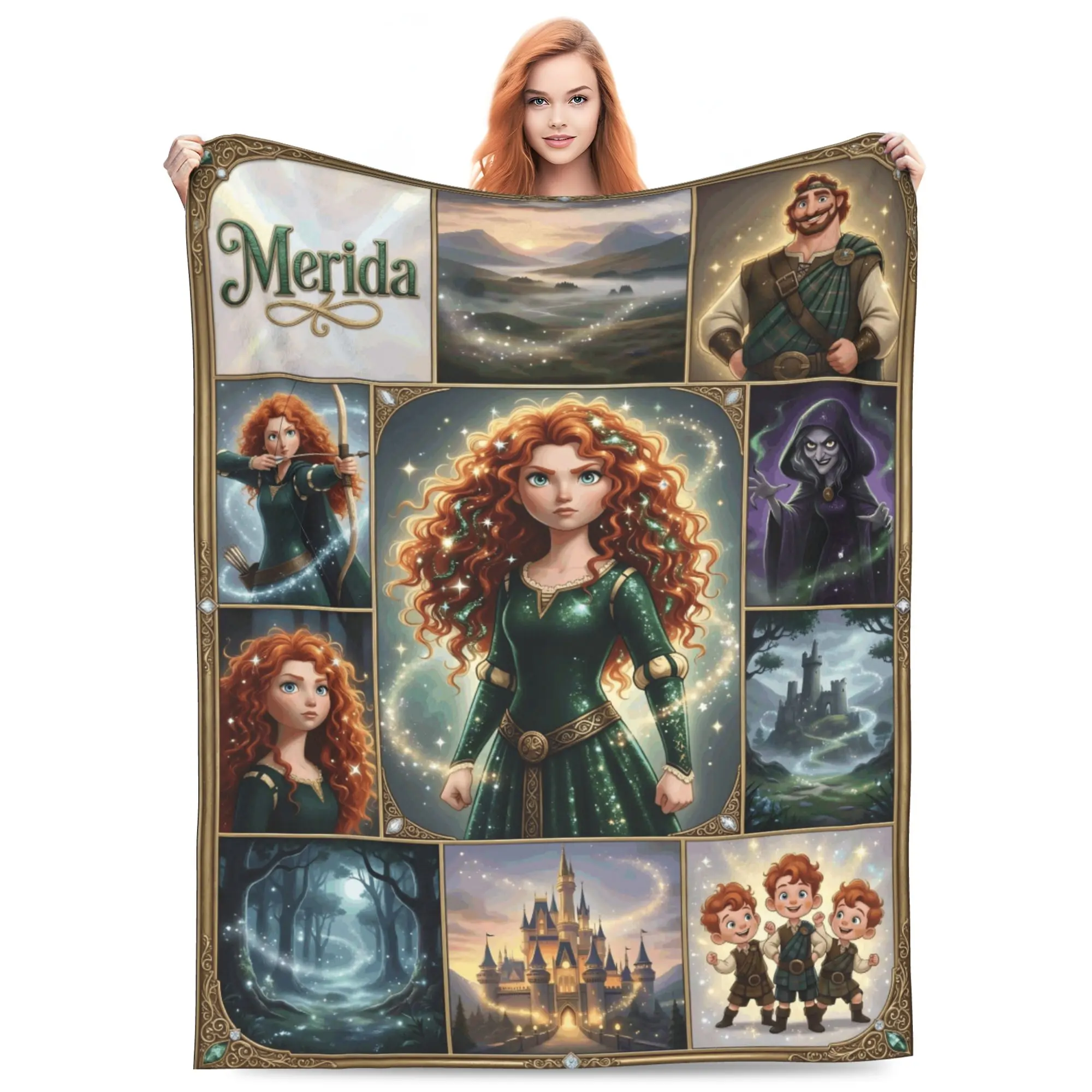 DISNEY CLASSIC Brave Princess Merida Throw Blanket, Vintage Grid Panel Merida Archer Castle Scottish Scenery Cartoon Print Flannel Fleece Blanket, Soft Lightweight Cozy Blanket for Sofa Bed Bedroom, Princess Gift for Girls Kids Women
