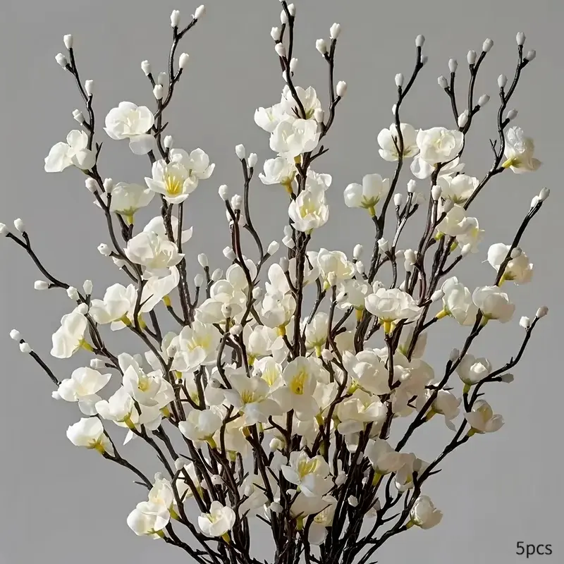 5 Bundles of Artificial White Long-Stemmed Plum Blossoms - Realistic Jade Flowers,for Outdoor/Indoor Decor,Suitable for Home