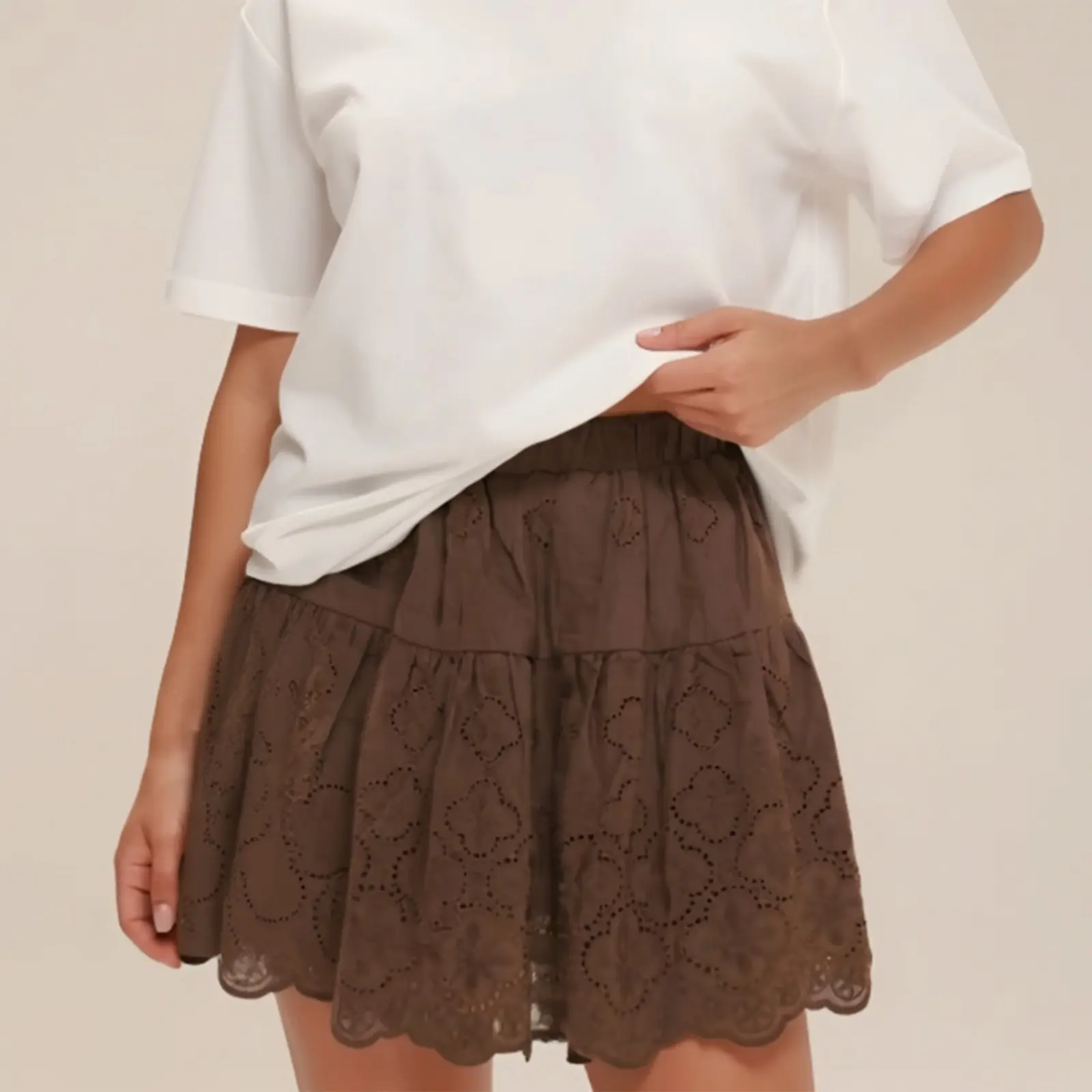 Women Eyelet Mini Ruffle Skirt Elastic Waist A-line Short Skirt Casual Summer Streetwear