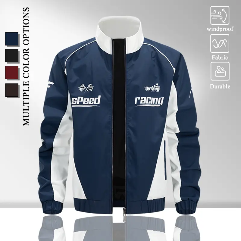Wind Resistant Lightweight Men Stand Collar Zip Jacket, Fashion Color Block Racing Graphic Outer Coat with Ribbed Elastic Cuffs & Zipper Storage Pockets, Comfort Loose Windproof Outerwear for All Seasons Commute Camping