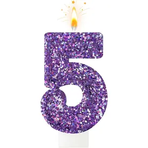 Glitter Purple Number 5 Birthday Candles with Sequins Cake Cupcake Decorations for Girls Women Party Anniversary Celebrations
