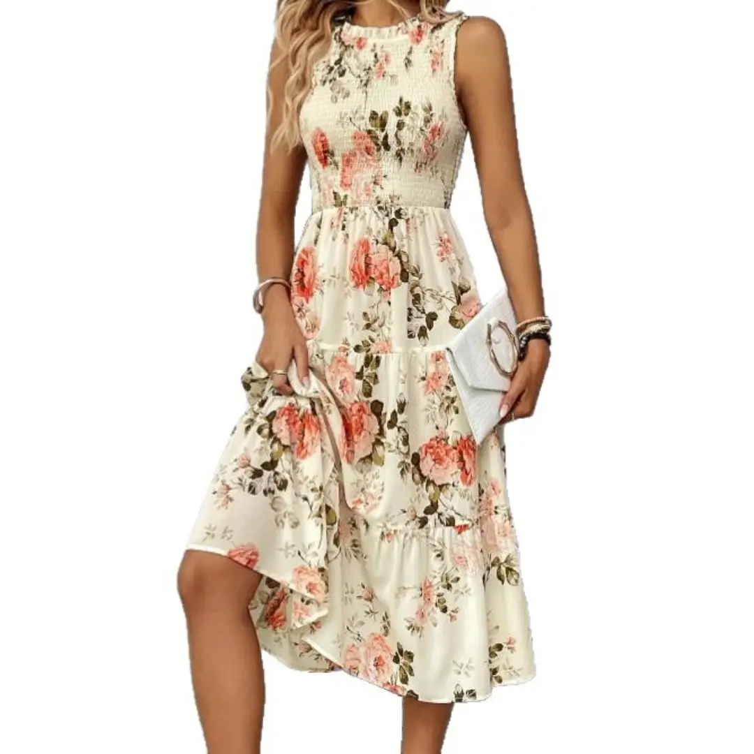 Vestido Casual Floral Print Sleeveless Round Neck Wrap Dress High Waist and Thin Design Printed Dress