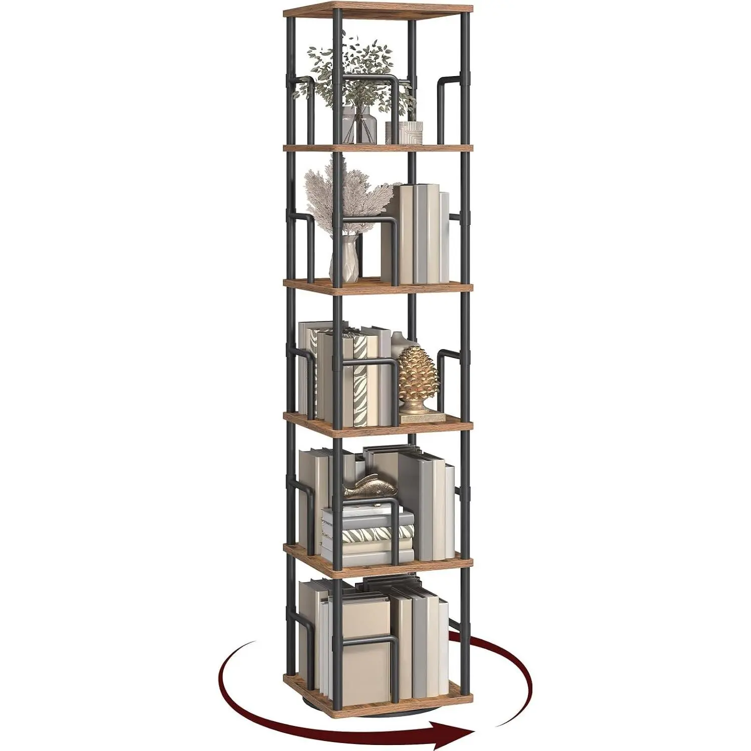 5-Tier Rotating Bookshelf, Freestanding Corner Bookshelf, 360° Spinning Bookcase, Industrial Style Storage Rack with Rails, for Living Room, Bedroom, Study, Rustic Brown and Black BKHR1601
