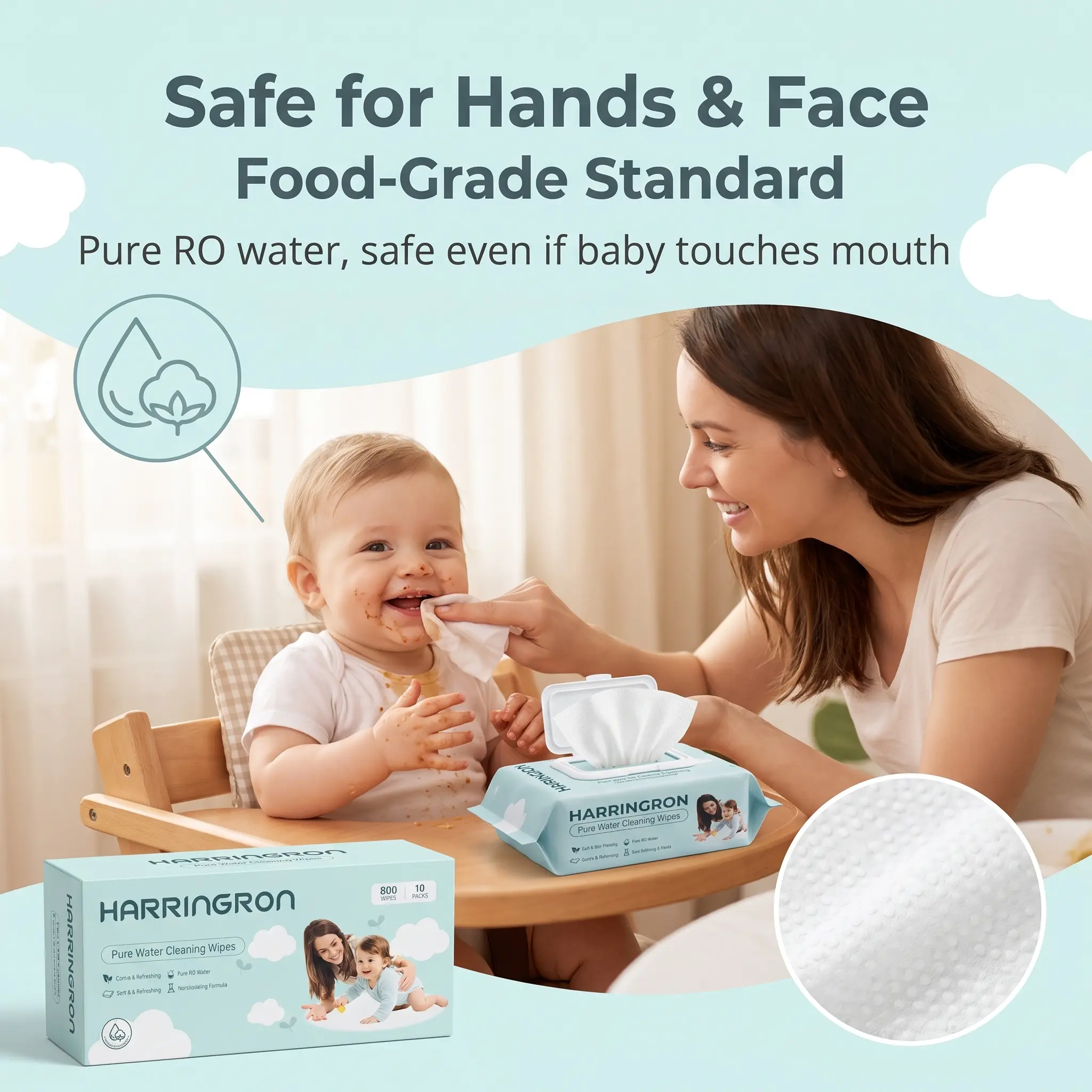 Infant Pure RO Water Wet Wipes, 7.48×5.51 inch Thick Pearl-Textured Unscented Hypoallergenic Bulk Set with Flip-Top Lid, Full Coverage for 0-3Y Baby Daily Hand & Body Cleaning, Pure & Safe On-the-Go Baby Care, 10-Pack 800 Total Sheets Family Supply