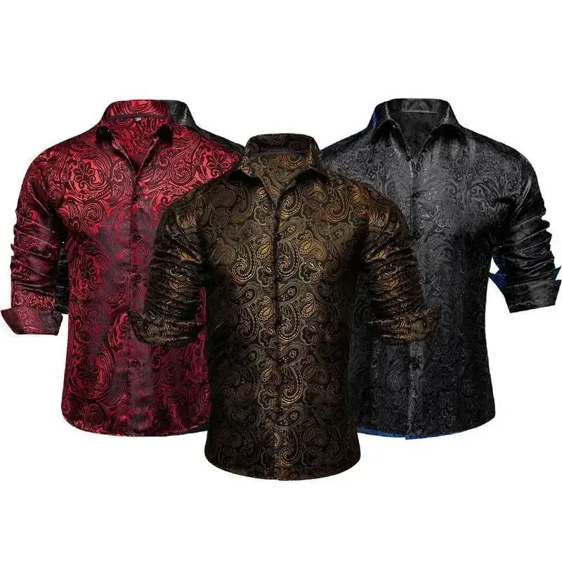 3 Pack Luxury Formal Casual Men Paisley Floral Anti-Wrinkle Dress Breathable Anti-Wrinkle Slim Long Cufflinks Cotton Cloth Men Shirt Business Top Wedding Party Menswear Gamis Brown + Blue + Black Tropical Polyester Fashion