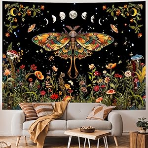 Orange Butterfly Tapestry Retro Floral Flower Tapestry Moon Phase Tapestry Aesthetic Vintage Boho Wall Tapestry Botanical Mushroom Tapestry Wall Hanging for Bedroom