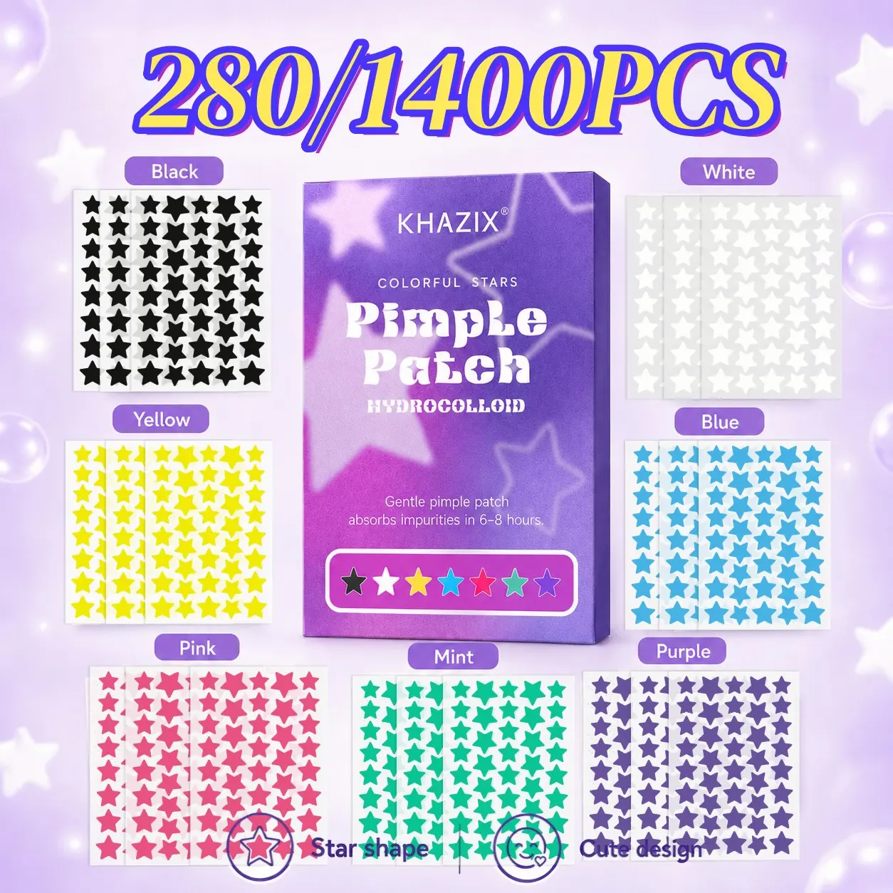 Waterproof Acne Patches, Blemish Care, Acne Spot Stickers, 280/1400 Pieces Per Box, Alcohol-Free, Mild & Non-Irritating, Contains Salicylic Acid & Tea Tree Oil, 24-Hour Protection