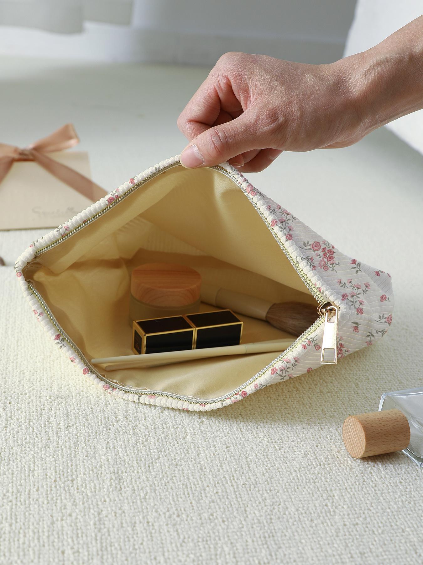 Ditsy Floral Pattern Makeup Bag, Casual Fashion Corduroy Zipper Makeup Bag for Travel, Versatile Storage Bag for Women & Girls, Makeup Organizer Pouch