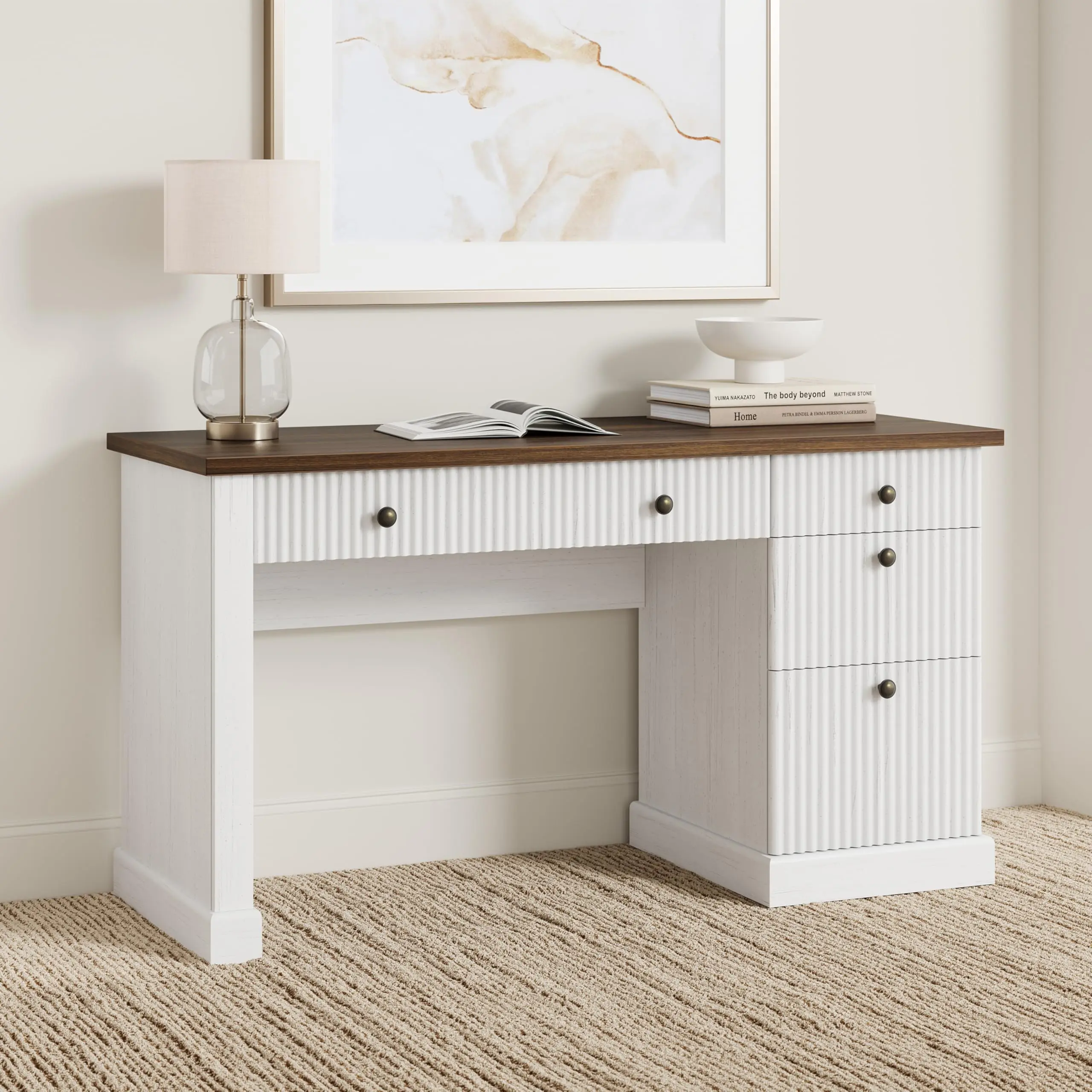 Garvee Wave Board computer desk with double cabinets, small computer desk with drawers, computer desk for small home office, modern and simple study desk, white color