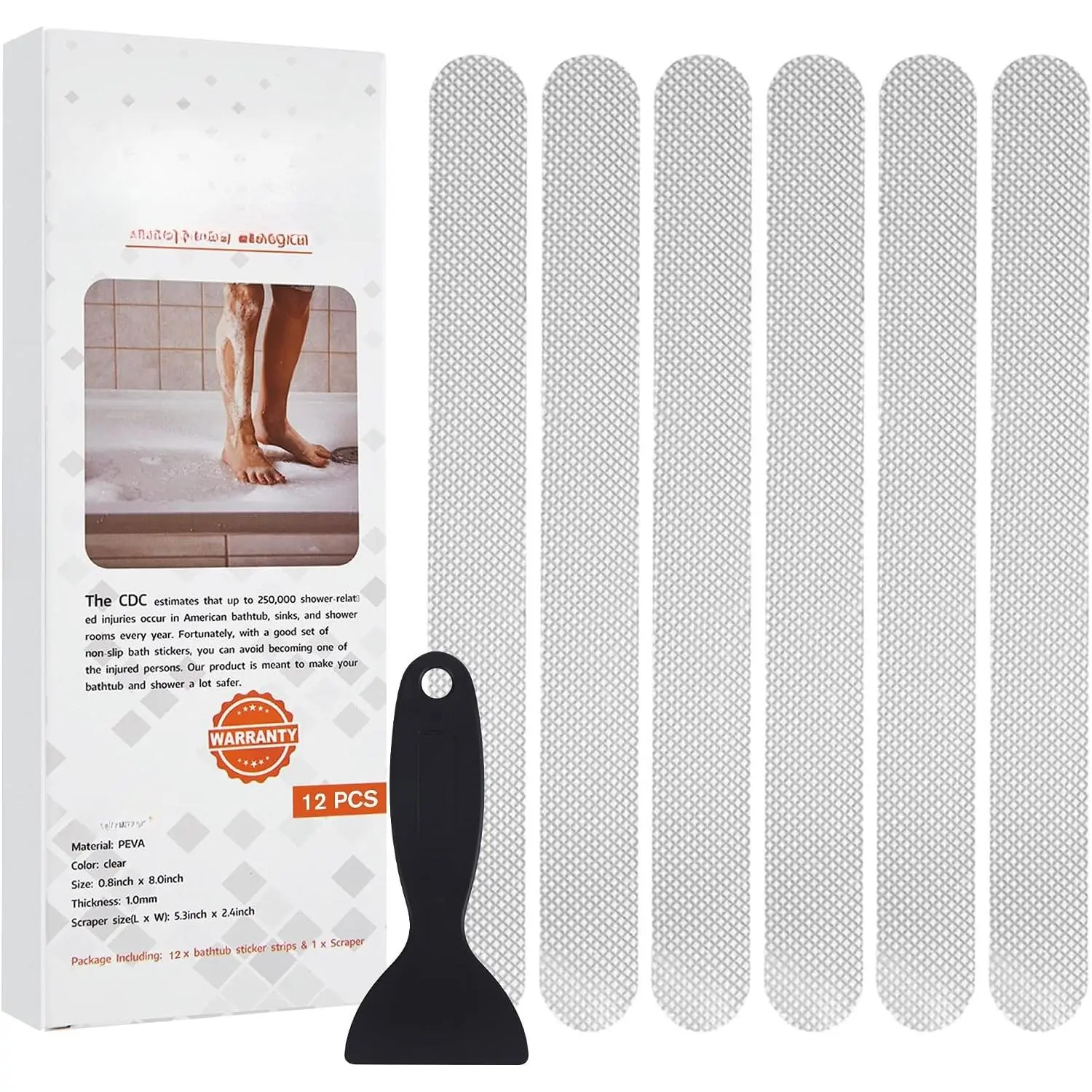 Anti-Slip Shower Stickers for Smooth Bathtub & Shower Floor, Adhesive Safety Strips with Scraper, Ideal for Families & Seniors, 12-Count Bathroom Safety Gadget