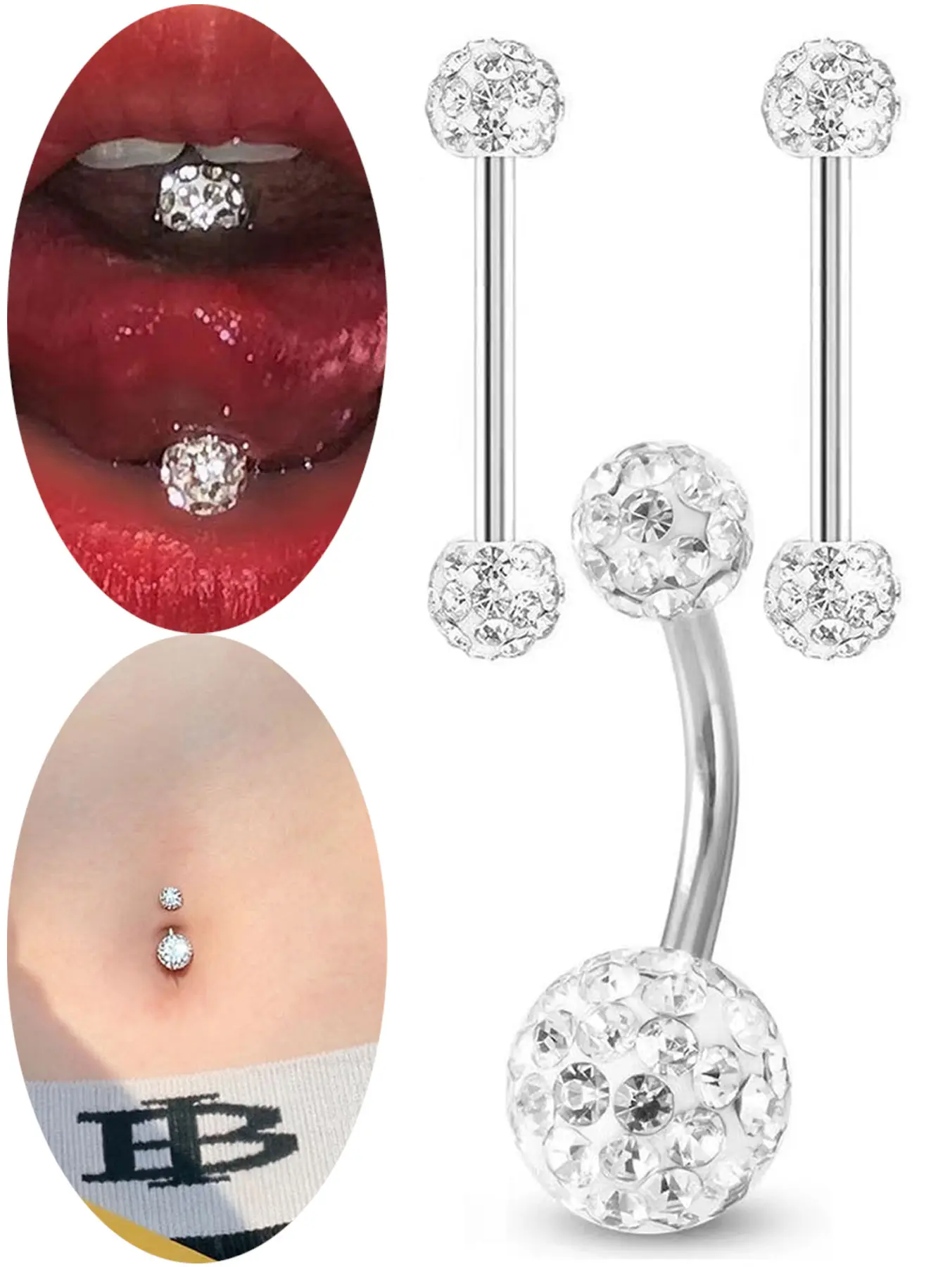 Sparkly Double Full Zircon Ball Piercing Bar Set, 3Pcs Multi-Color Stainless Steel Barbell, Minimal Versatile Tongue Ring & Belly Butt, Navel Piercing Jewelry, Body Jewelry