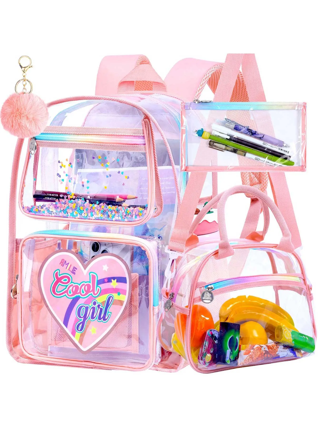 3PCS transparent large-capacity backpack, cute sequined transparent schoolbag with a handbag, suitable for girls and women - a pink see-through student backpack