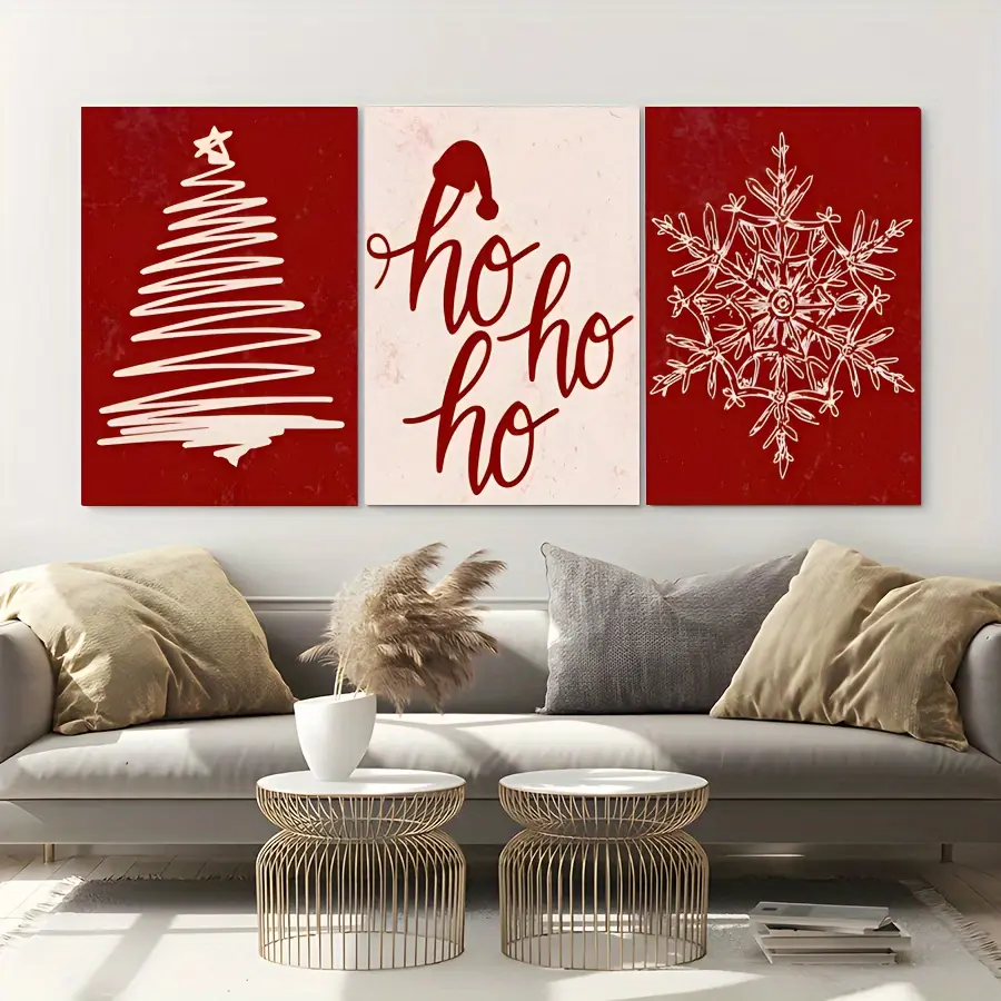 Set of 3 wooden frames Christmas print Xmas wall art, Xmas home decor, trendy Wrapped Canvas, Christmas digital, holiday print set for living room bedroom-Wrapped Canvas