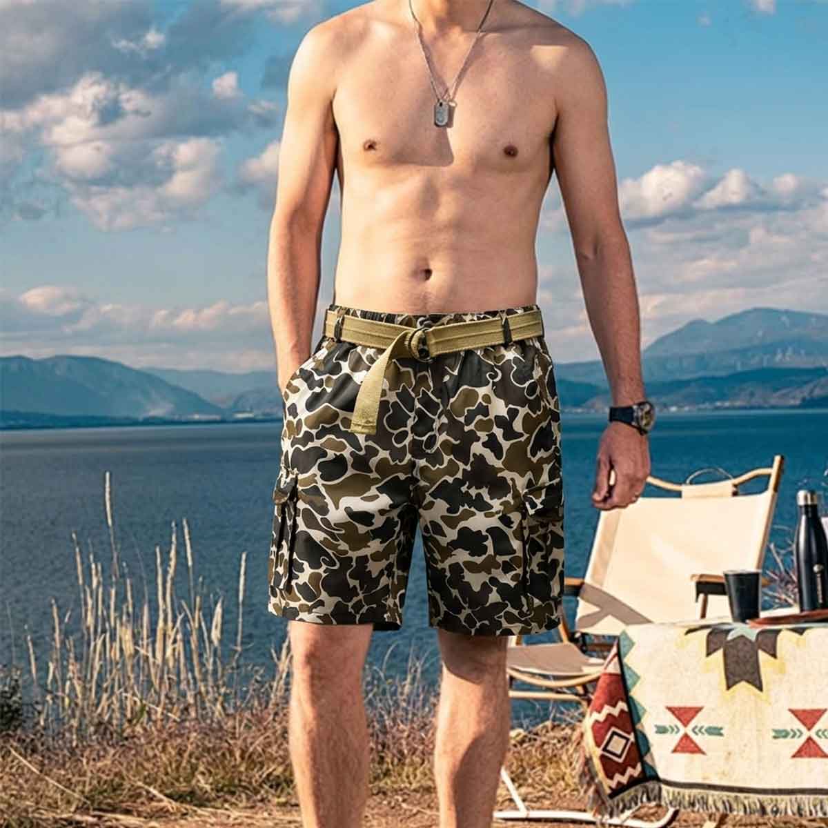 Signature Camo Utility Kit Mens High-End Casual Shorts with Exclusive Included Belt & Cargo Pocket Design for Style Collectors & Outdoor Enthusiasts