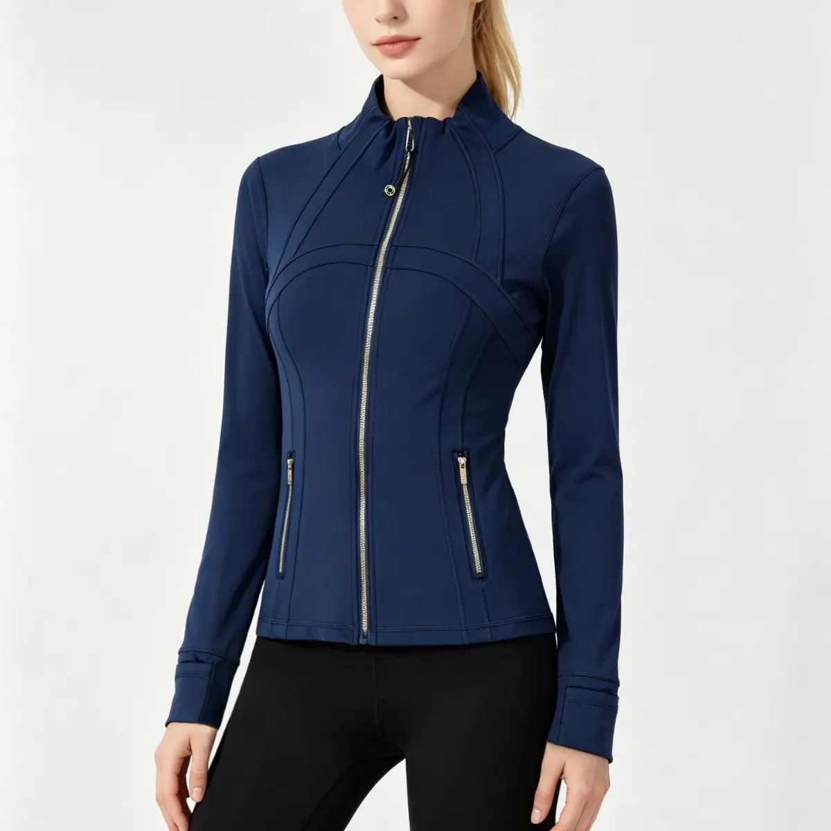 Spring and summer tops, yoga clothes, gold zipper slim jacket, long sleeve sports casual fitness women's jacket