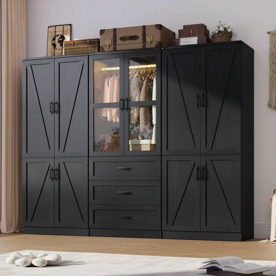 Farmhouse Shabby Chic Armoire Wardrobe Closet - 74.8" Tall, 31.5"L*19.7"W*74.8", 2/4/6 Doors, Drawers, LED, Remote Control, Adjustable Shelf, Hanging Space, Freestanding Wooden Storage Cabinet for Bedroom/Bathroom, Farmhouse Shabby Chic Wardrobes