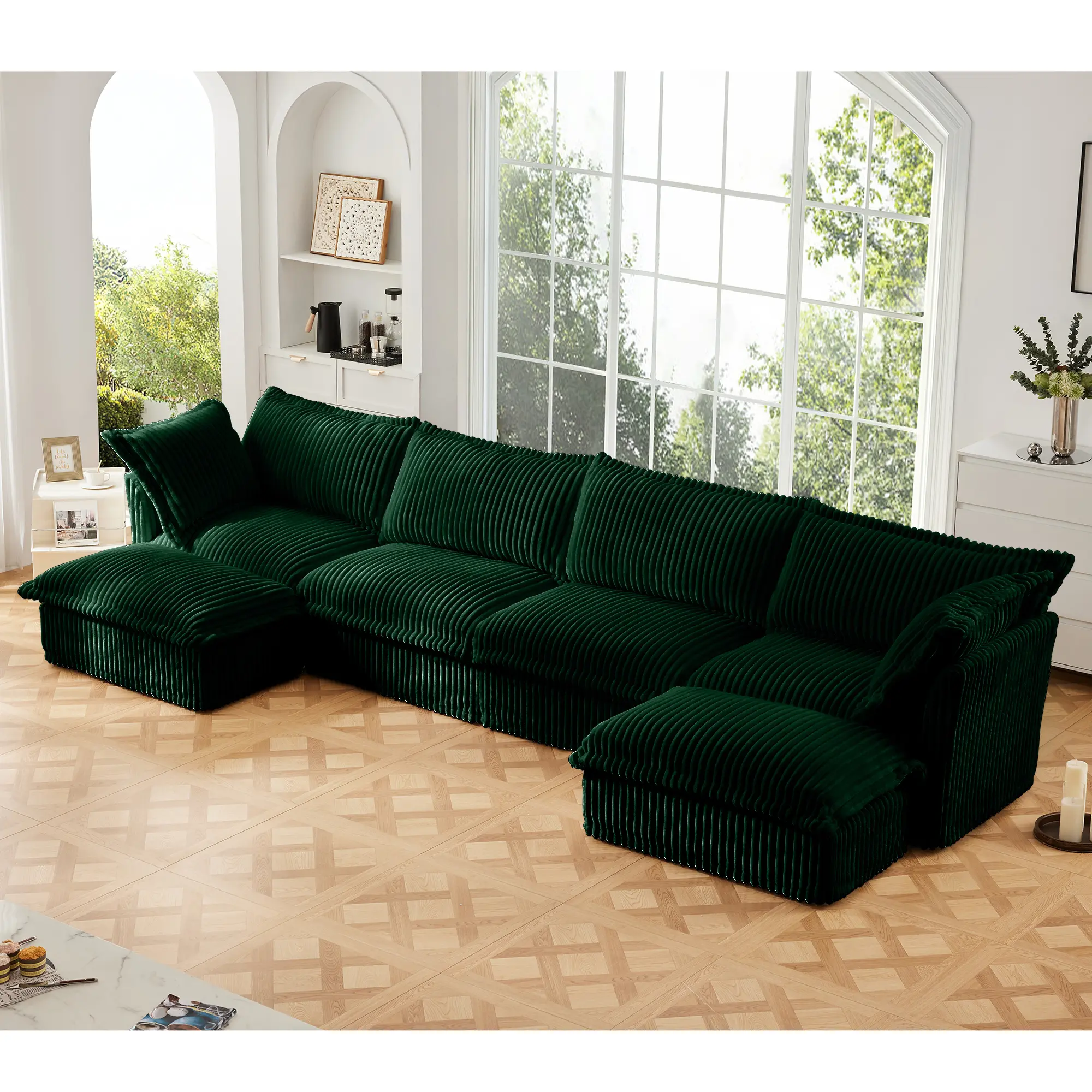 Nokaa Slipcovered U-Shape Sectional Sofa Couch, 4-Seater Wide Deep Seat with French Edges Design and Multiple Pillows, Soft Corduroy Cloud Couch for Living Room or Apartment, Green