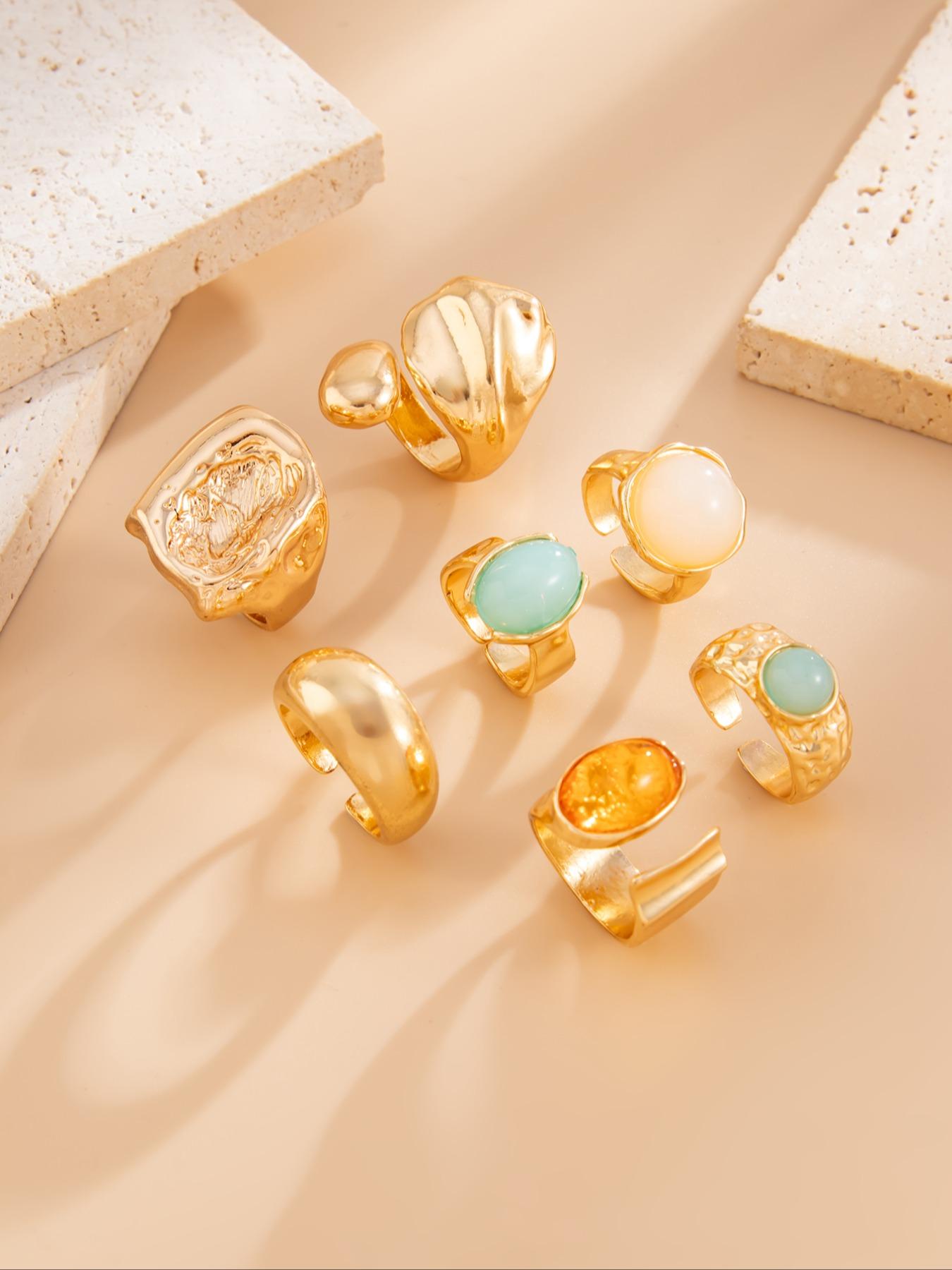 7 Pieces Women's Vintage Fashion Geometric Design Ring Set, Bold Metal Rings, Perfect for Daily Wear & Party, Jewelry Gifts