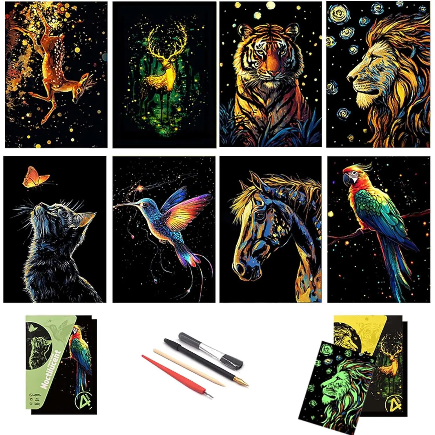 Rainbow Scratch Art Painting Paper, 8 Sheets of Glow in The Dark Rainbow Scratch Paper with 4 Tools, DIY Glow in The Dark Crafts for Adults(Lion&Parrot)