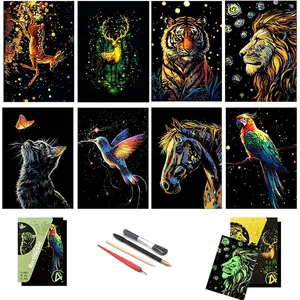 Rainbow Scratch Art Painting Paper, 8 Sheets of Glow in The Dark Rainbow Scratch Paper with 4 Tools, DIY Glow in The Dark Crafts for Adults(Lion&Parrot)
