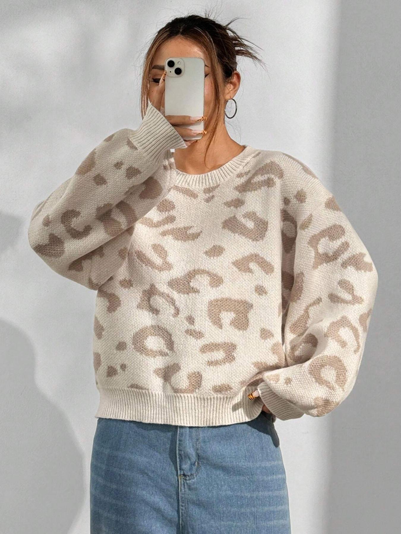 Women's Leopard Print Crew Neck Sweater, Casual Long Sleeve Jumper for Fall & Winter, Fashion Ladies' Knitwear Knitting for Daily Wear
