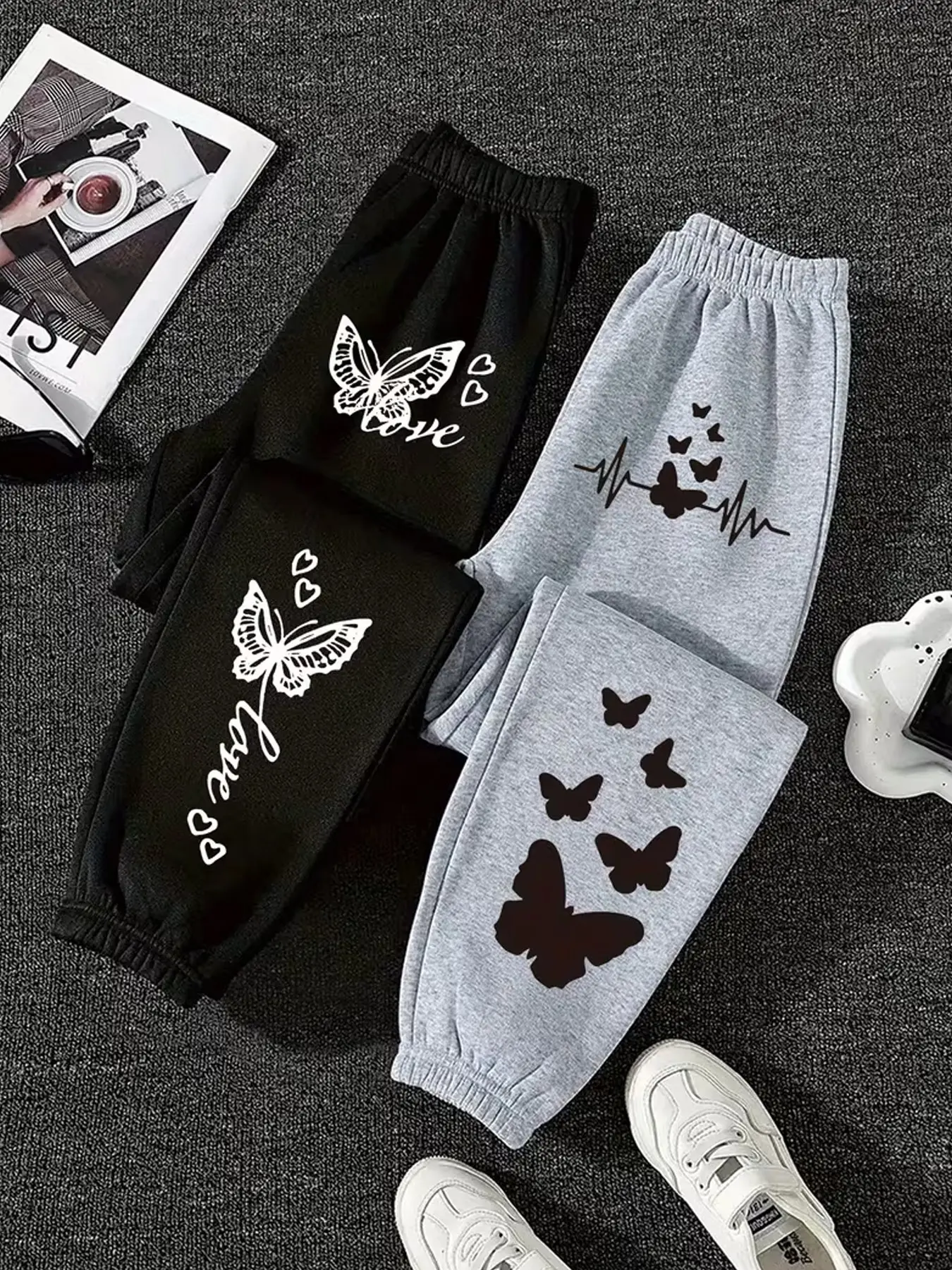 Women's Butterfly Heart Letter Sweatpants, Elastic Waist, Loose Fit, Cartoon Print, Fall & Winter, Soft Fabric, Casual Wear