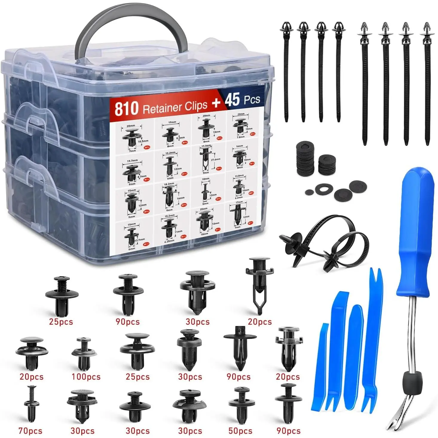 Nilight 855-Piece Car Push Retainer Clips Kit (Car Use, 810pcs Push Type Retainer Clips Incl.), 16 Sizes Nylon Bumper Fender Rivets & Door Trim Panels, 5 Fastener Remover, 10 Cable Ties for GM, Toyota, Ford, Honda, Chevy