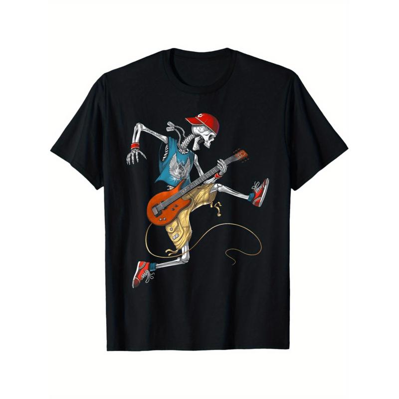 Skeleton Guitarist Vintage Rock Graphic T-Shirt Soft 100 Cotton Comfortable Unisex Tee Retro Design Loose Fit Couples Gift Available In S To XXXL Black