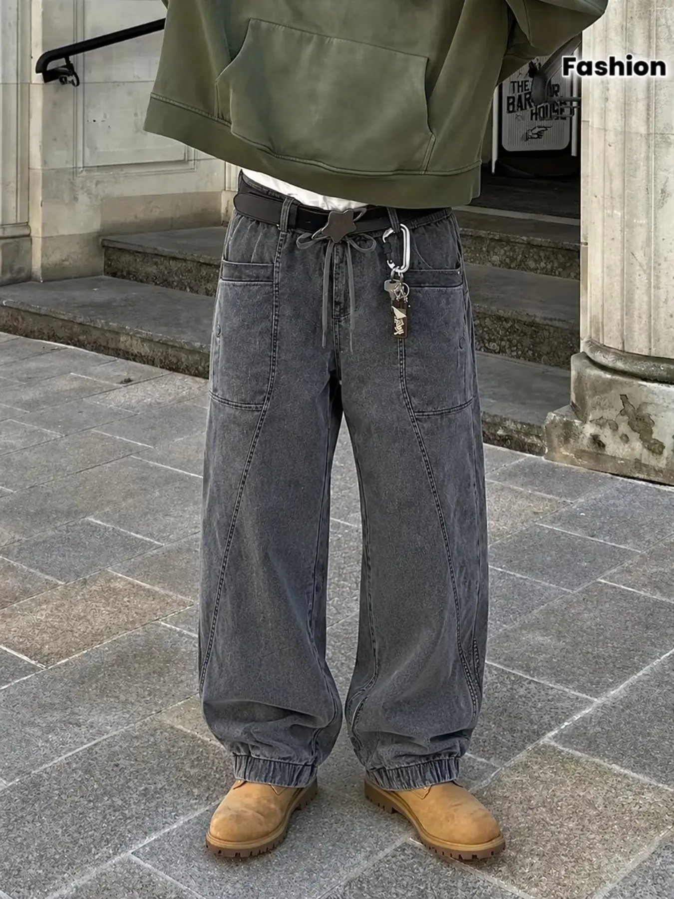 Men’s Charcoal Gray Washed Denim Jogger Pants with Drawstring Waist, Utility Pockets and Elastic Cuffs, Relaxed Fit Casual Jeans