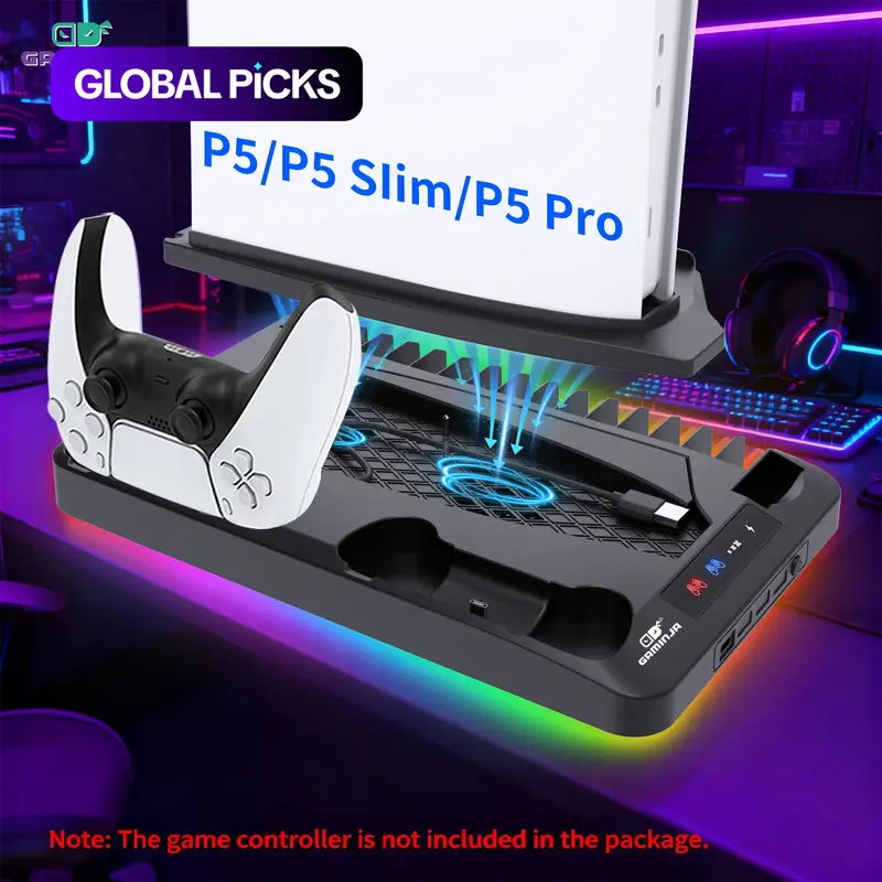 GAMINJA P58 Charging Base Cooling Bracket Compatible With PS5 Console, Vertical Stand Cooling Fan, Multi-functional Cooling & Charging Station for PS5 Slim Pro All Model Universal