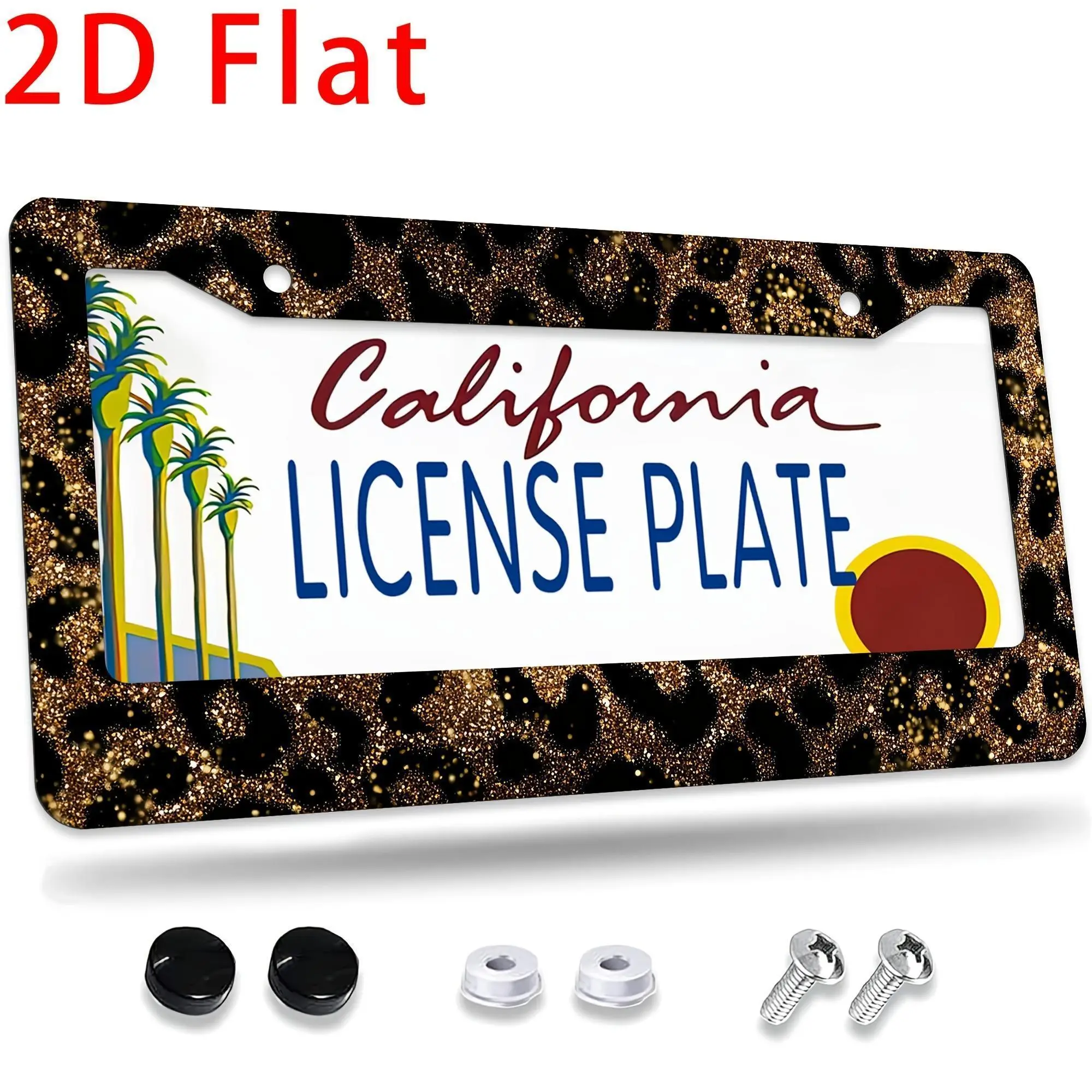 1 Piece Gold Glitter Leopard Print Aluminum License Plate Frame 12.2 X 6.3 Inch US Standard Size Rust Resistant Shock Resistant Weather Resistant Durable Car Decoration Accessory Includes Mounting Parts Easy Installation Fashionable Exterior Decor