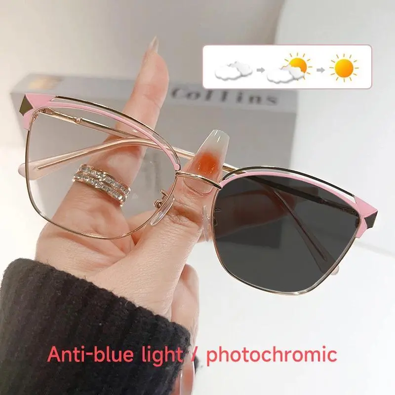 Women's Cat Eye Glasses, Fashion Full Rim PC Frames with Photochromic Blue Light Blocking Lens for Daily Screen Use