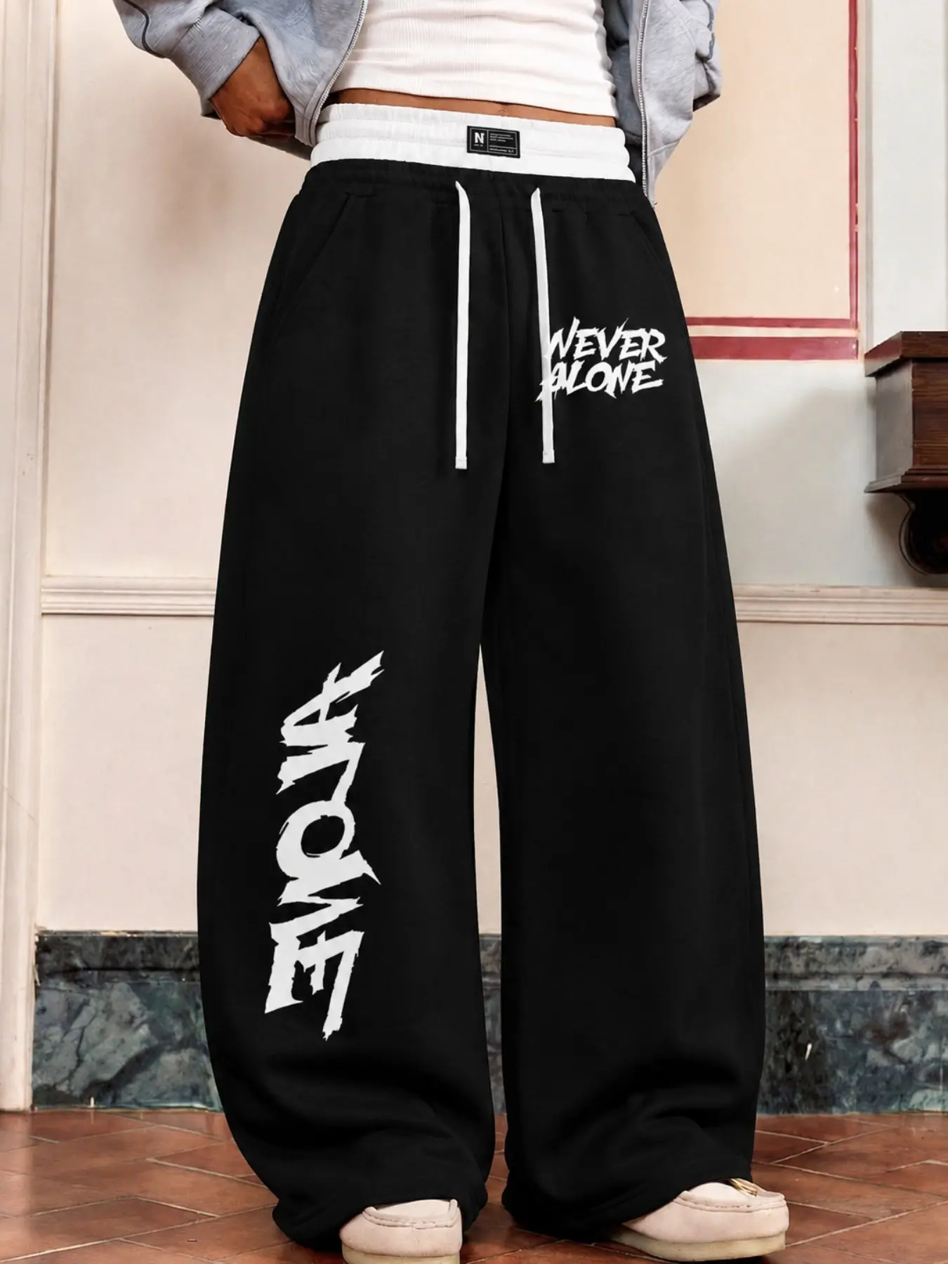 Men's Black Baggy Wide-Leg Pants, Chill Casual Pants, Drawstring Waist Streetwear Trousers with White Graffiti Letter and Side Graphics, Retro Y2K Hip Hop Bottoms for Spring, Fall, Campus Looks, Skate Outfits, Travel, Music Festivals