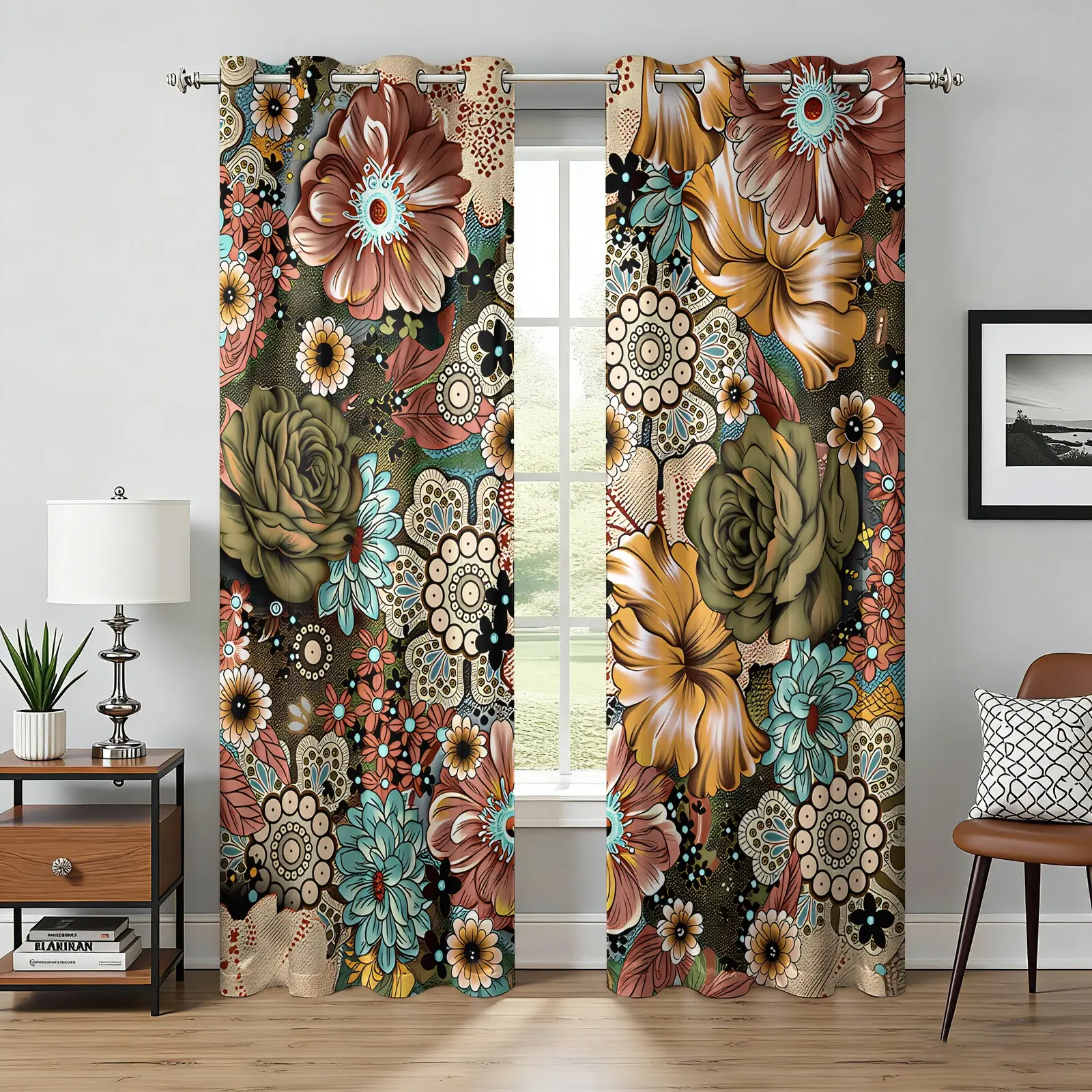Dark Background Vintage Rose Floral Boho Grommet Top Blackout Window Curtains, Mandala Daisy Flower Washable Drapes, Light Blocking & Privacy Protection, for Immersive Sleep Dark Boho Bedroom Decoration