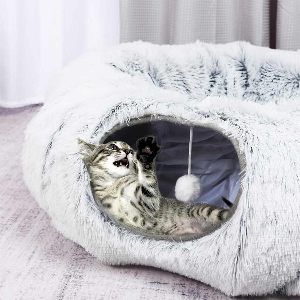 [Foldable Plush Cat Bed] 1pc Foldable Portable Long Plush Cat Bed Cat Tunnel with Plush Cushion