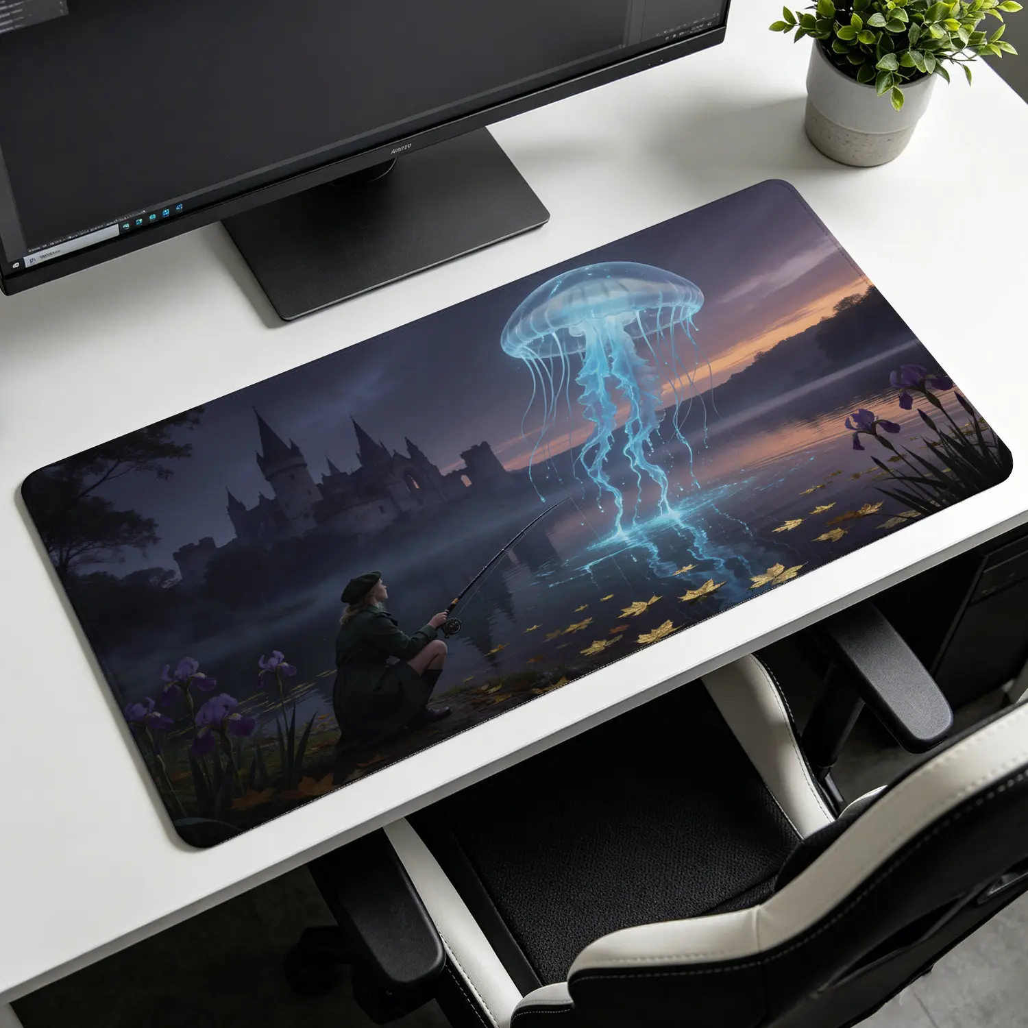 Extra Large ethereal glowing jellyfish and gothic castle scenery Mouse Pad,Non Slip Rubber Pad,Desktop Decoration Drotection Pad,Washable,Lock Edge Multi Size,Premium Multipurpose Mousepad For Home,Office,Gift for Family and Friends