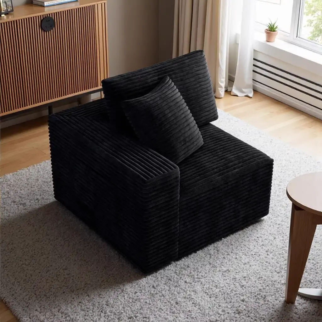 Nokka Modular Sectional Sofa with Chaise Lounge, 1-Seat Single Box, No Assembly Required, Plush Corduroy Fabric, High-Resiliency Plush Foam, Modern Indoor Furniture for Living Room, Apartment, Black