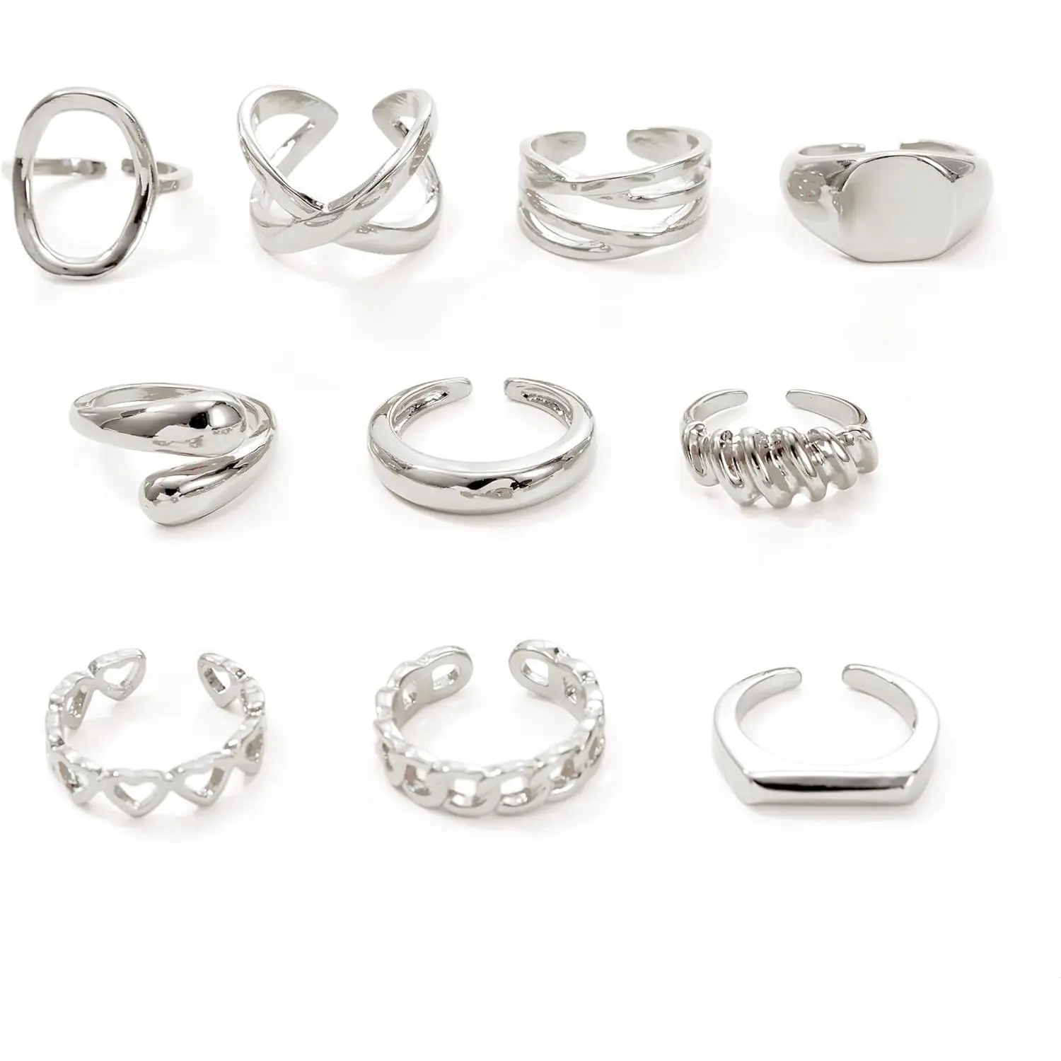 10pcs Chunky Gold Rings For Women Non Tarnish, Stackable Adjustable Rings Set For Teen Womens Dome Braided Twisted Round Signet Open Band Ring Jewelry Accessories Gift Size 6-8