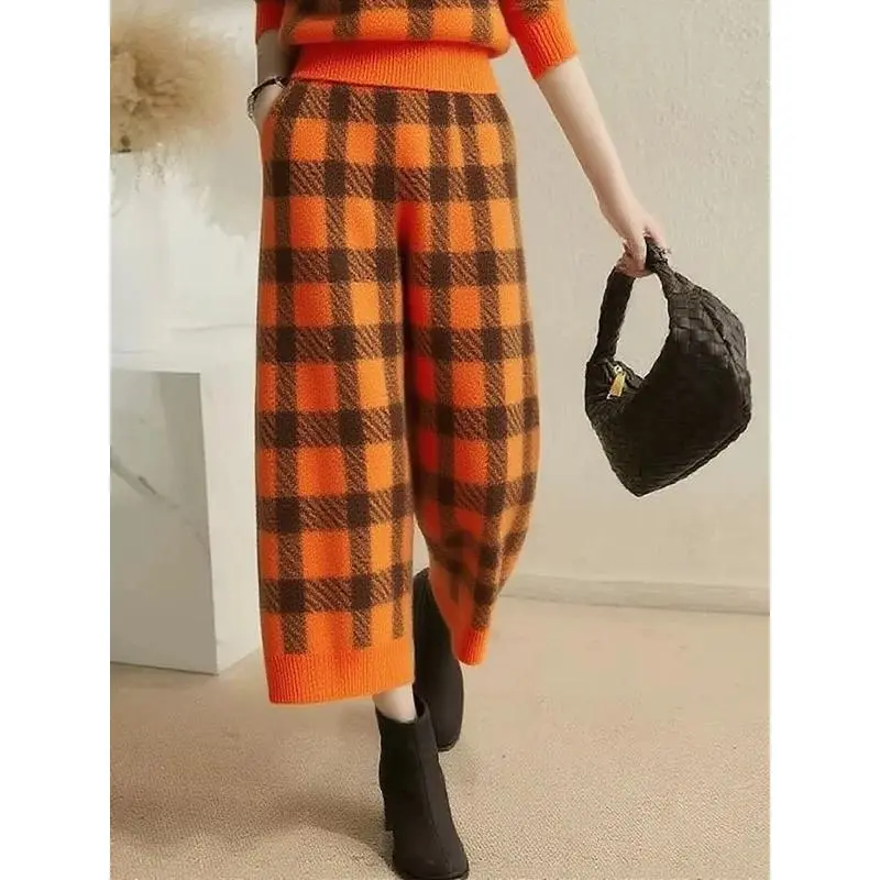 High‑Waist Wide‑Leg Plaid Pants For Women, Orange‑Brown Checkered Loose‑Fit Cropped Trousers With Side Pockets Casual Relaxed‑Fit Fashion Daily Wear Pants