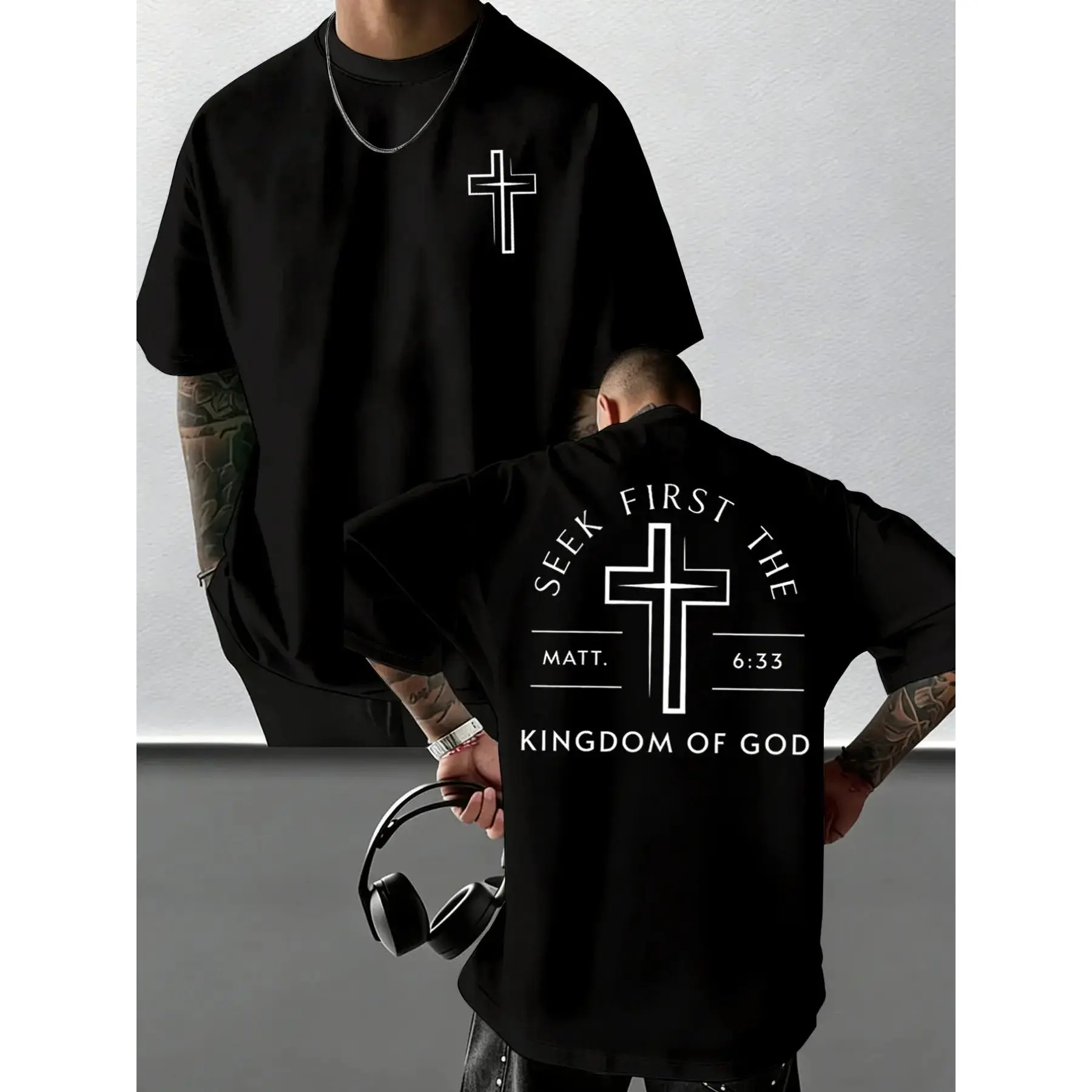 Men's "Seek First The Kingdom Of God" Cross Graphic Round Neck T-Shirt, Christian Faith Bible Verse Matt 6:33 Tee, Streetwear Casual Short Sleeve Top, Soft Cotton Loose Fit#ChristianApparel#FaithWear#MensFashion#Streetwear#BibleVerseClothes