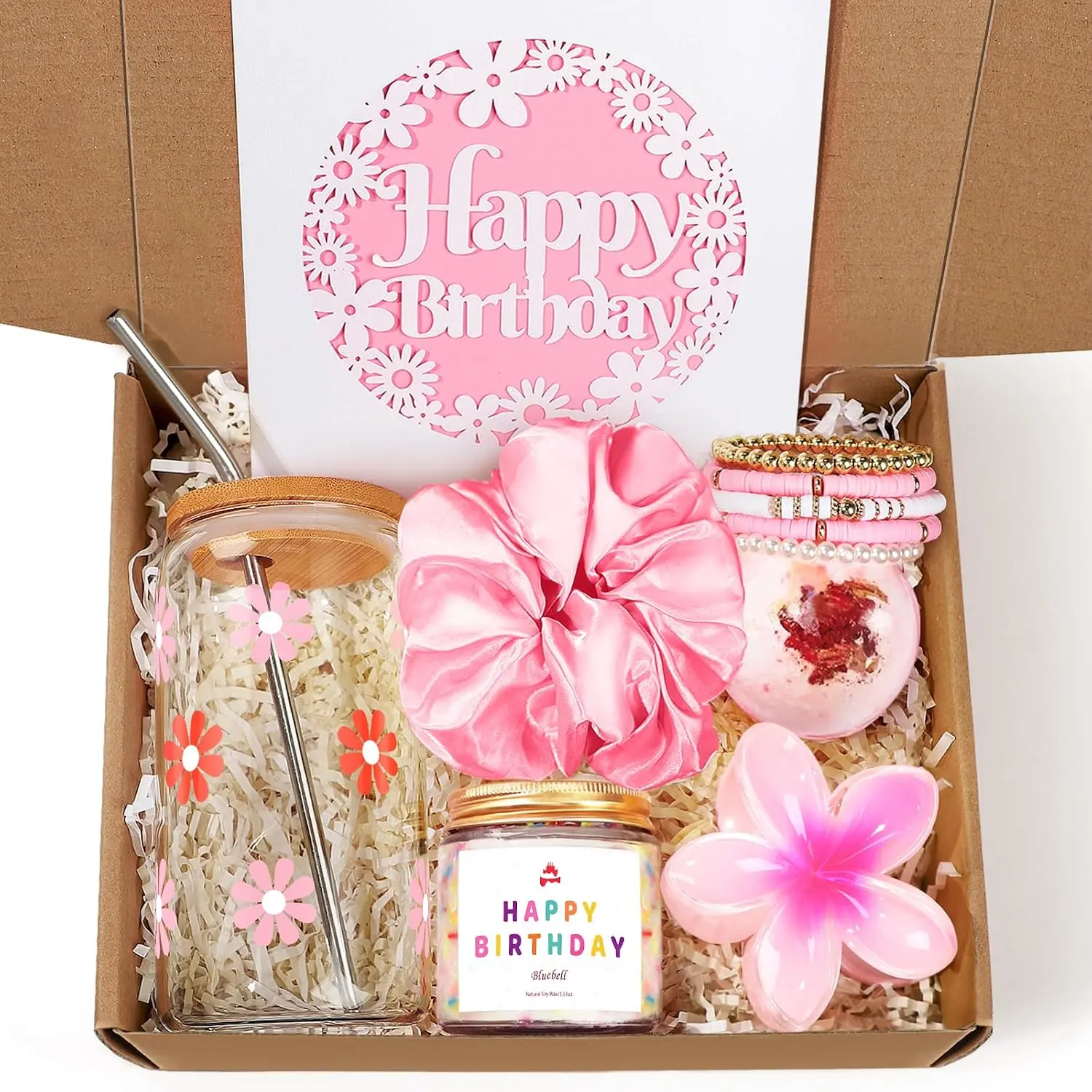 Birthday Gifts for Women, Teen Girl Gifts, Birthday  for Her, Happy Bday  Box for Girl, Women, Sister, Daughter,  , Friendship, Cute Daisy Glass Cup Set 7 count, 16oz,