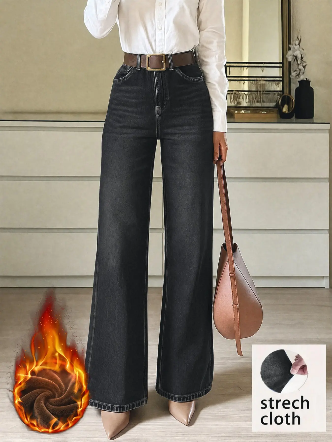 Women's Fall Winter Fleece Lined Thick Elastic Straight Leg Denim Jeans, Loose Warm Long Pants, Casual Button Fly, Contemporary Style