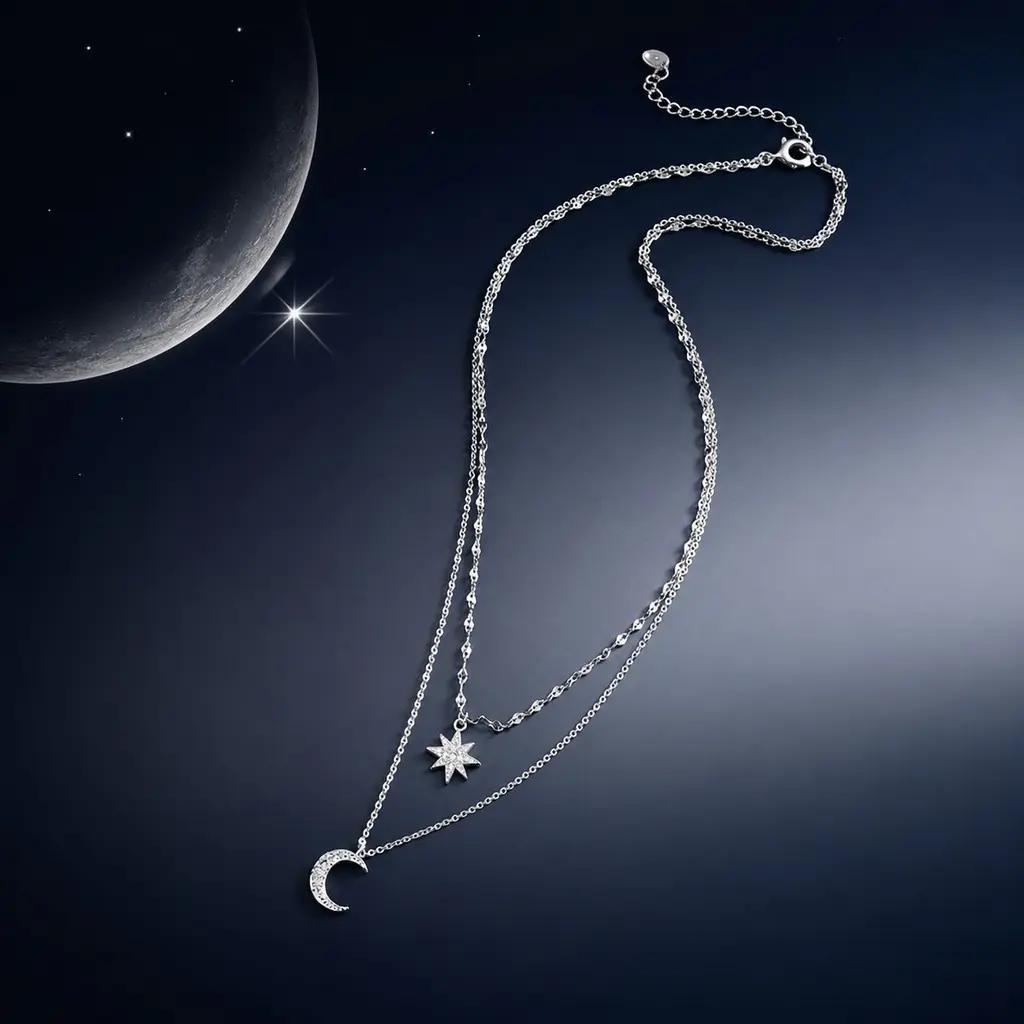 Layered Necklace for Women & Celestial Fashion Jewelry Collectors, Dainty Star and Crescent Moon Rhinestone Charms, Adjustable Tarnish-Resistant Zinc Alloy Chain for Portrait Photography, 41Cm To 50Cm, Adjustable Length, Anti-Oxidation