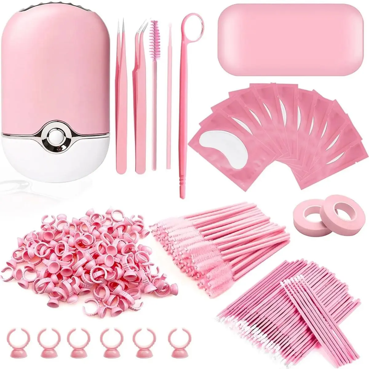 Eyelash Extension Tool Kit for Beginners, Complete Lash Tech Supplies with USB Fan Dryer, 2 Tweezers, Under Eye Gel Pads, and 50 Lash Brushes, Lash Brush Eyelash Extension Tool