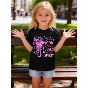 Kids Quick-Dry T-Shirt Blessed By God Saved By Jesus Purple Floral Cross Christian  - Suitable for Boys and Girls - Lightweight Summer Short-Sleeve Top, Ideal for Beach, Sports, School - Outdoor Activity Shirt