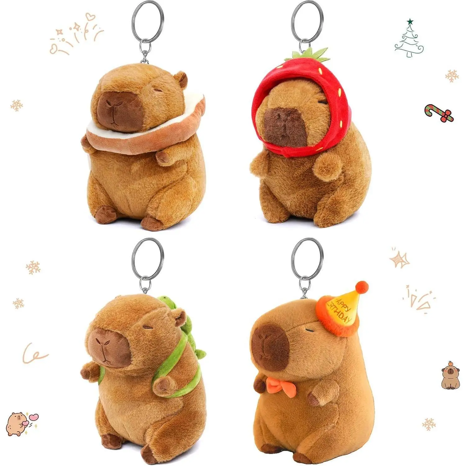 4PC Capybara Plush Keychain Cute Small Capybara Mini Stuffed Animal Bulk for Kids Birthday Party Favors Gift. Capybara with Turtle Backpack, Birthday Hat, Toast and Strawberry Hat