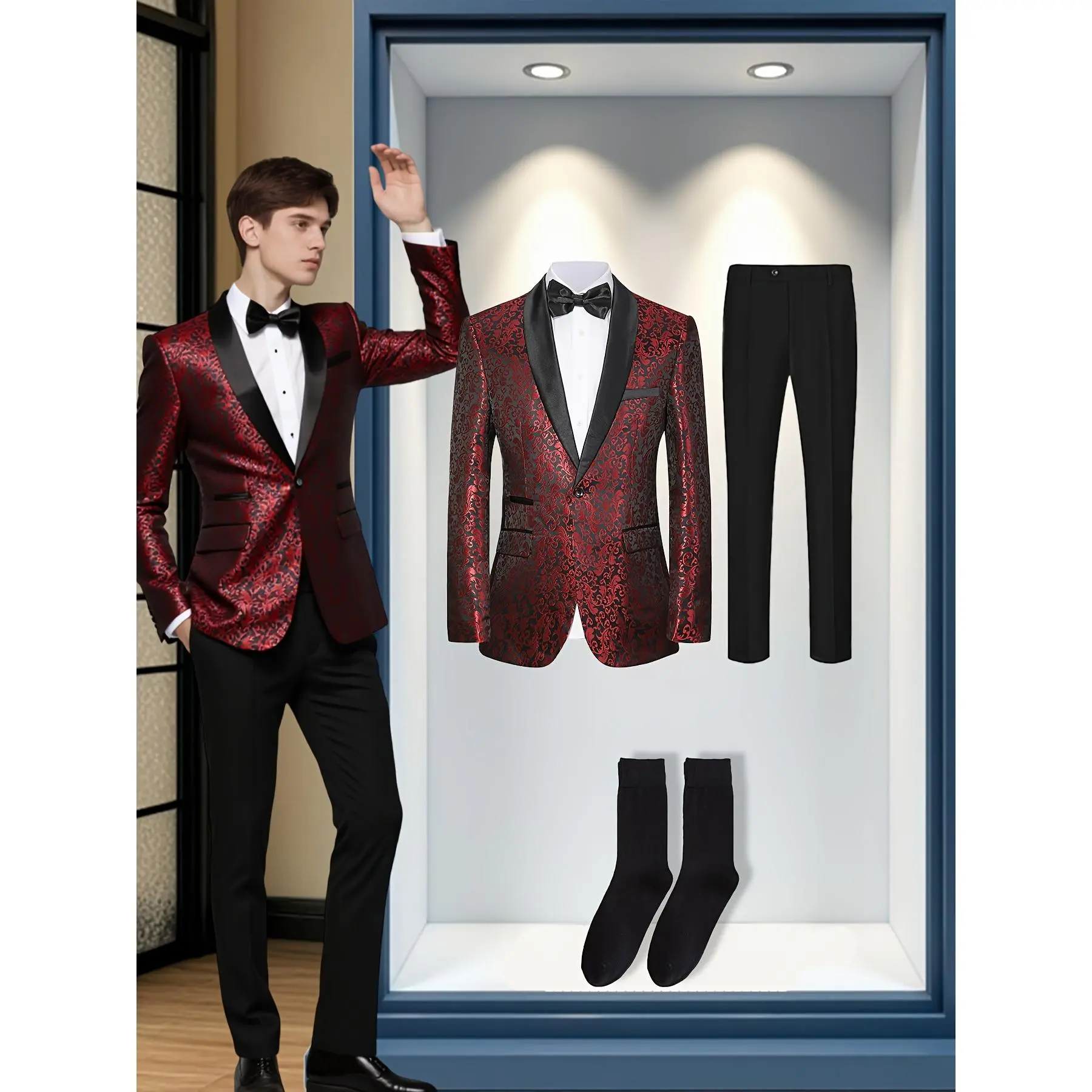 Men’s 2-Piece Formal Suit Set | Blazer + Trousers | 6 Color Options: Black, White, Red, Blue, Pink, Black-Gold | Free Black Socks Included | For Weddings, Proms, Parties & Formal Events